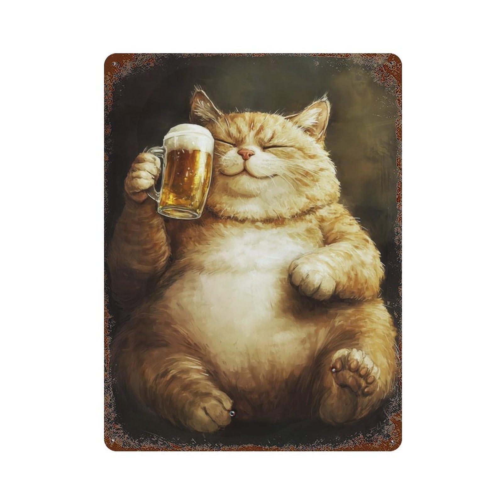Rust Effect Happy Cat with Beer Distressed Metal Wall Sign 15.7"x11.8", Farmhouse Wall Decor for Office, Studio And Wall Decor