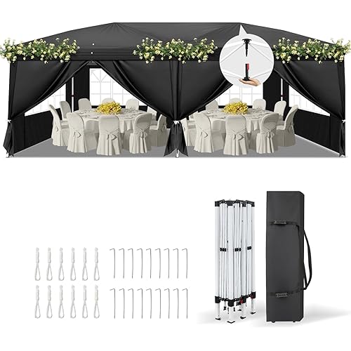 VINGLI 10x20 Pop Up Canopy Tent with Sidewalls, Outdoor Gazebo Canopy Tent, Patio Event Tents Outdoor Commercial Canopy for Parties (Black)