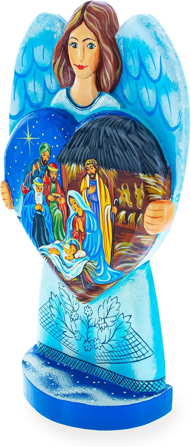 BestPysanky Angel Holding Heart w/Nativity Scene Ukrainian Hand Carved Solid Wood Figurine 10 Inches