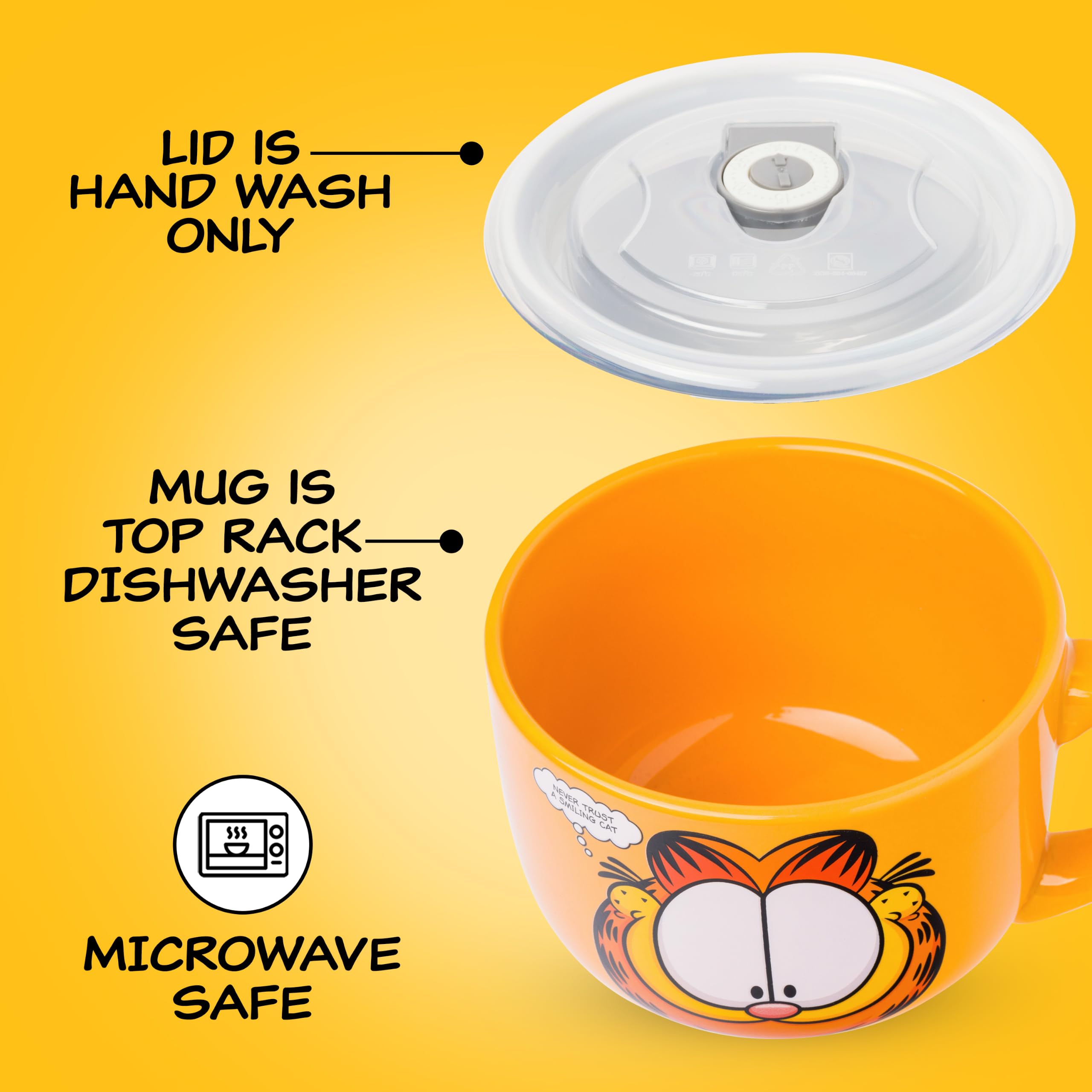 Silver Buffalo Garfield Tasse à soupe en céramique avec couvercle en plastique ventilé « Never Trust a Smiling Cat » 710 ml