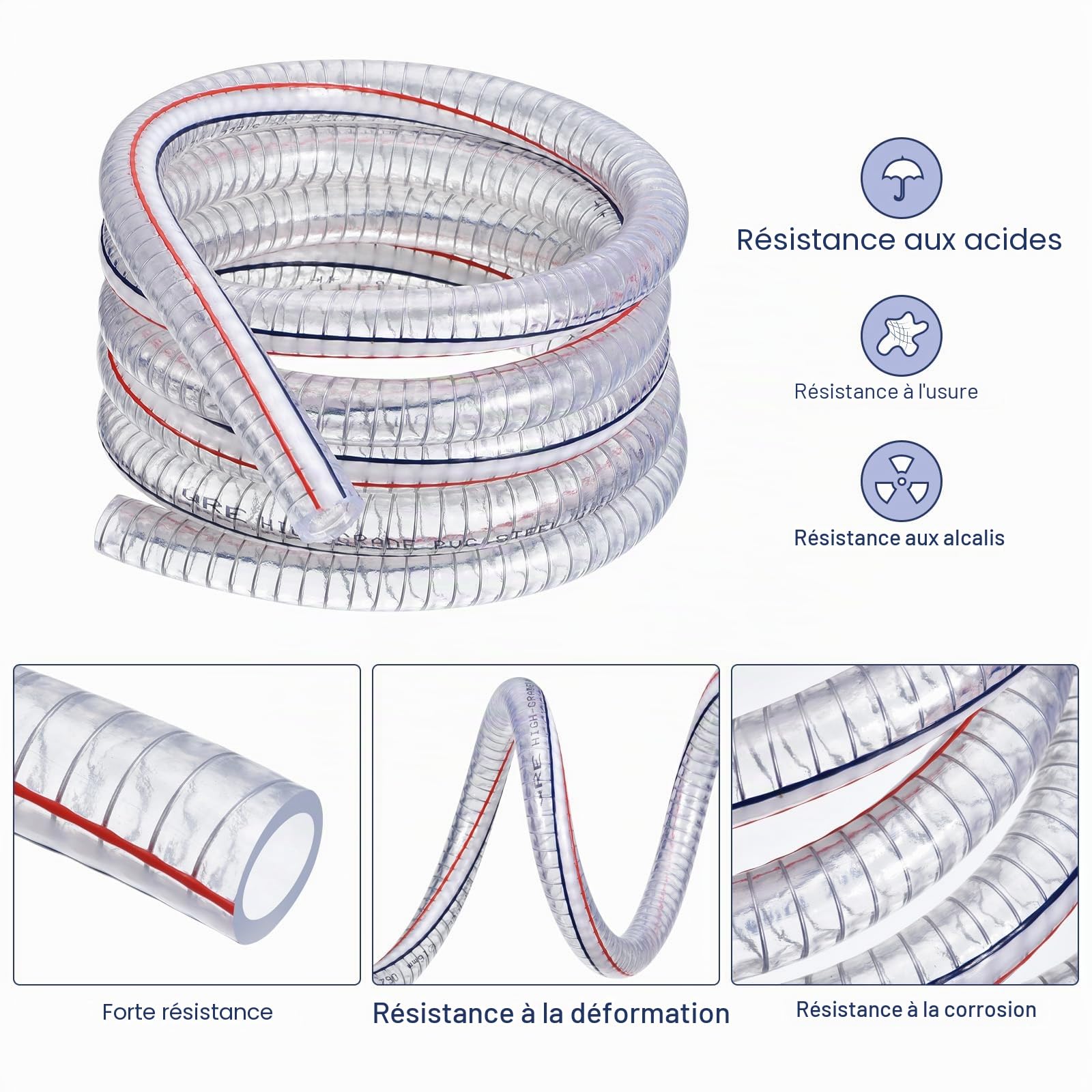 QUARKZMAN Tube en PVC Renforcé Par Un Fil D'Acier Flexible de 3/4" de Diamètre Intérieur et de 5 Pieds de Long, Résistant aux Produits Chimiques et à L'Aspiration.