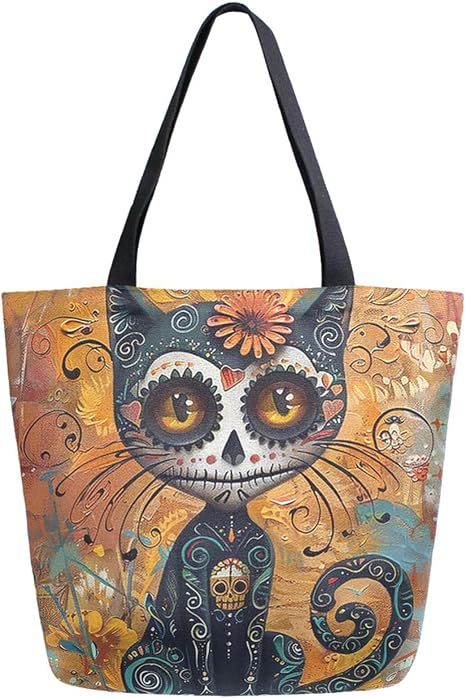Fashion Pattern Extra Large Shoulder Grocery Tote Bag, Sugar Cat Skull Day Of Dead Canvas Daily Handle Bag for Gym Weekender Beach Travel Kitchen Reusable Market Shopping
