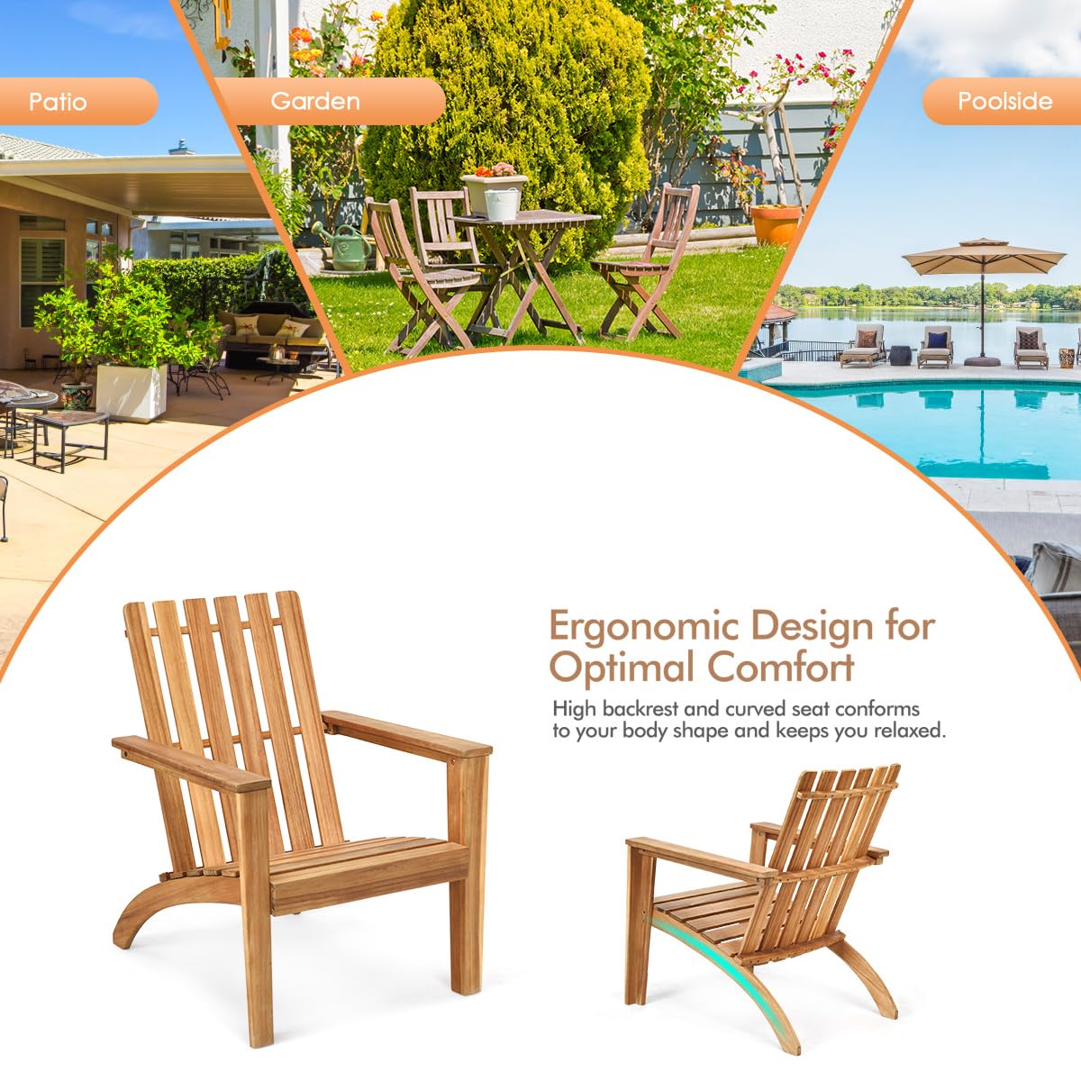 KOMFOTTEU Adirondack - Sedia da giardino in legno di acacia, con schienale e braccioli, ergonomica, da giardino fino a 160 kg, per balcone, giardino, spiaggia (naturale)
