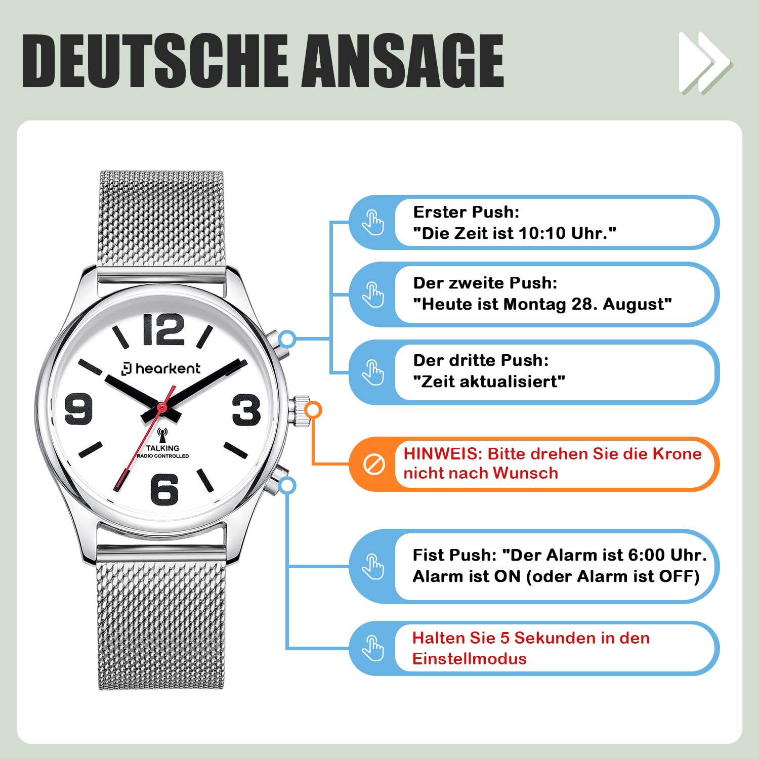 Hearkent Sprechende Uhr,Deutsche Sprachansage,Selbsteinstellende Armbanduhr | Große Zahlen,Geschenkideen für Senioren/blinde/Sehbehinderte Menschen,Eingebauter Alarm/Stundensignal-2309