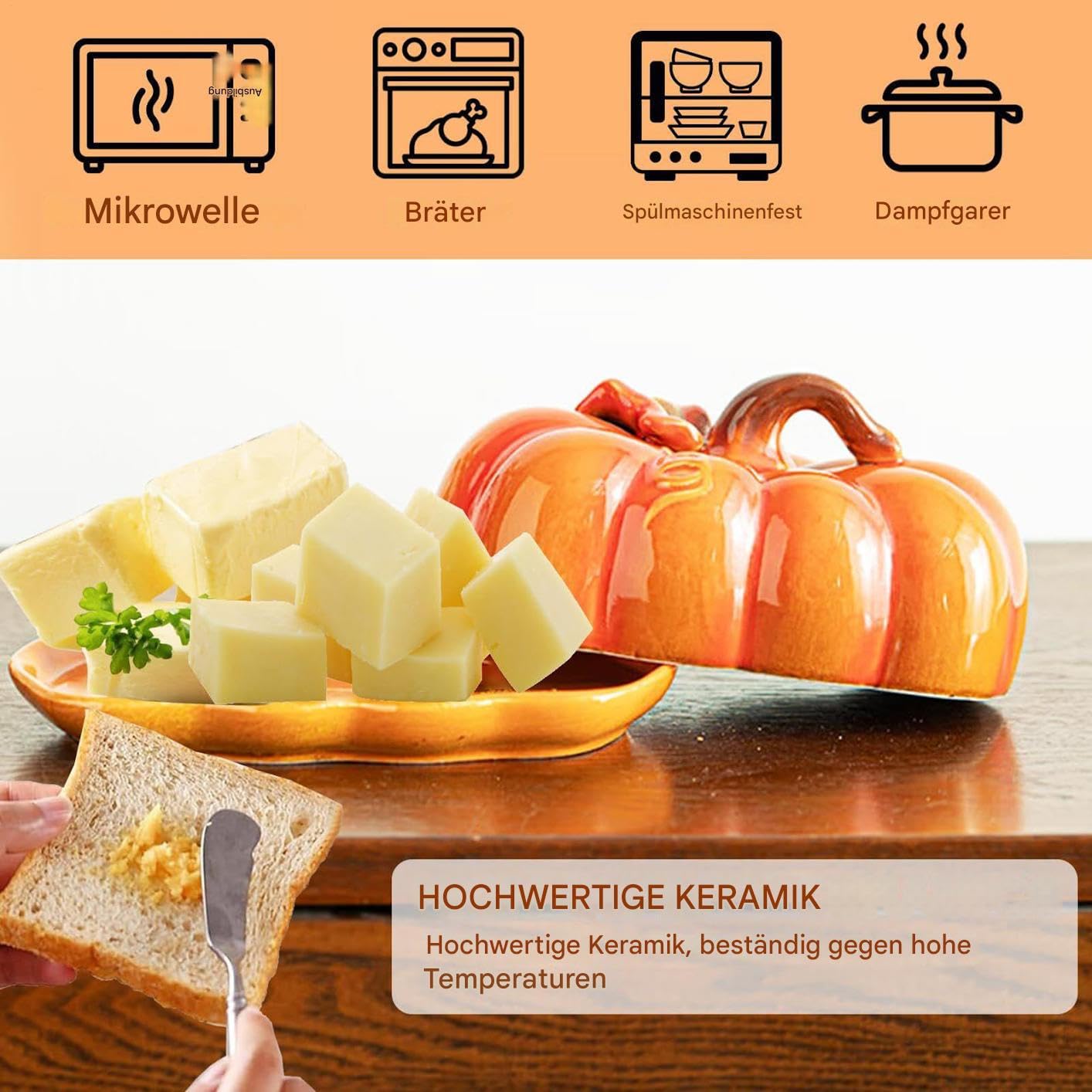 Generisch Kürbisbutterschale mit Deckel - Herbstküche Arbeitsplatte, Halloween -Kürbis -Snack -Teller und Käsebrett, Keramikbutterschale hält Butter frisch länger, Geschirrspüler sicher