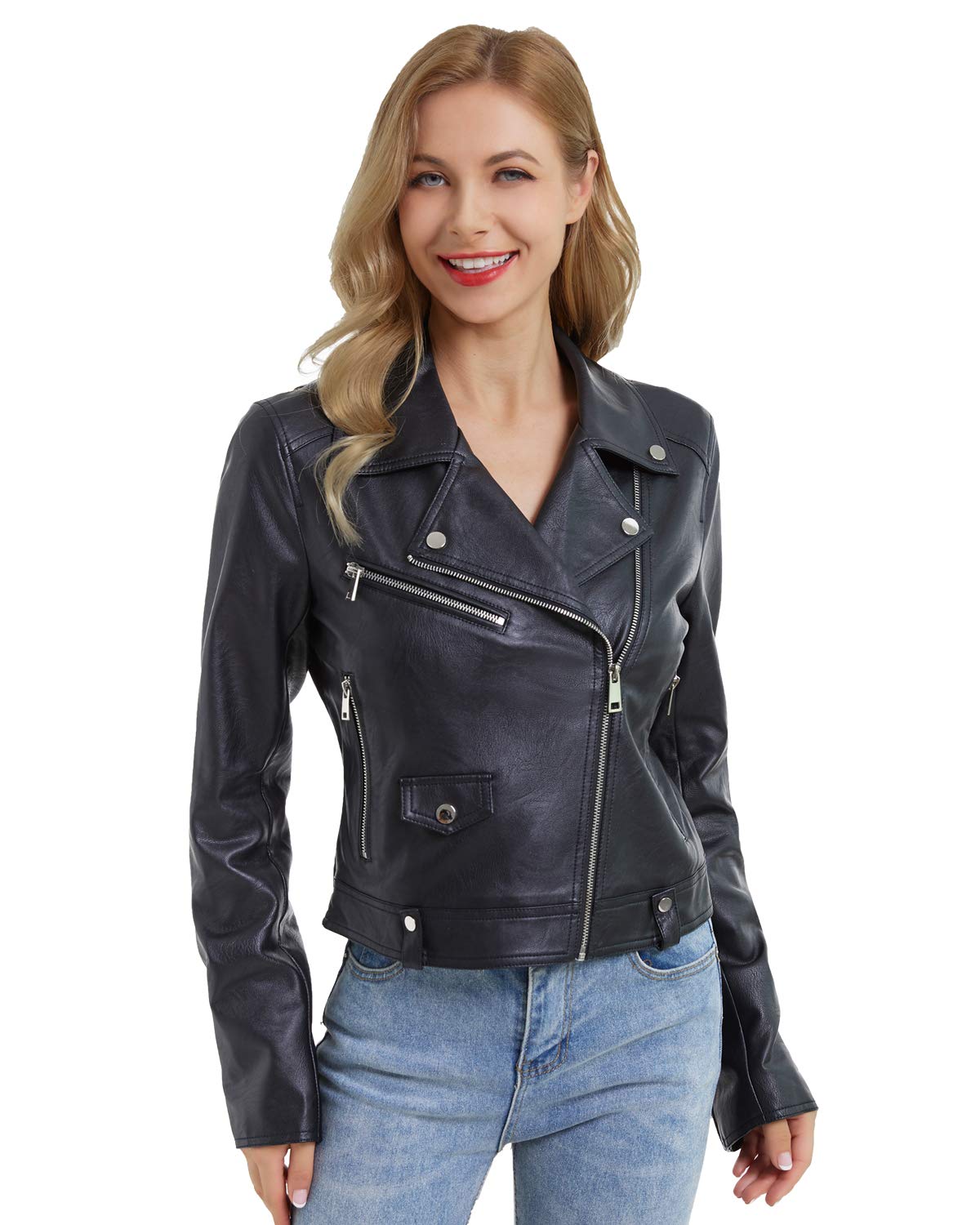 DIASHINY Faux Cuir Veste Pour Femmes Crop Court Recadrée PU Slim Zip Up Moto Biker Manteau Moto Vestes