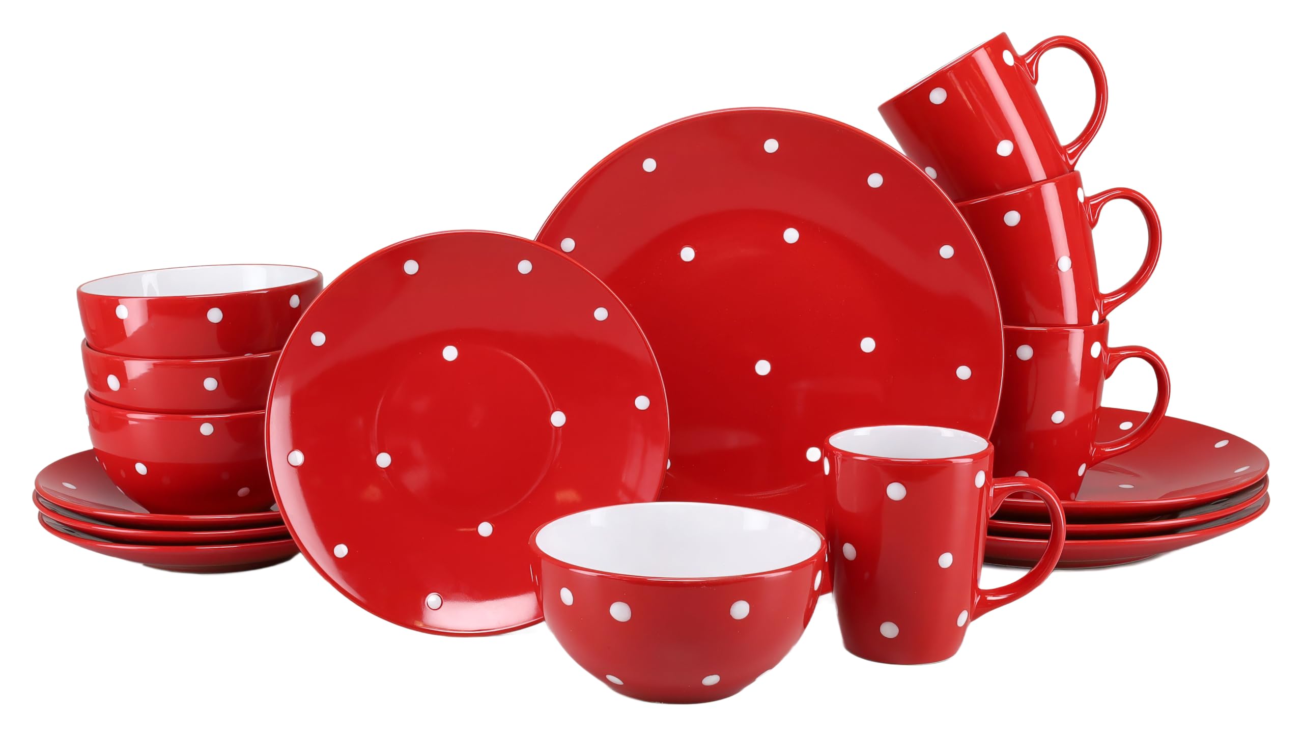 CreaTable, 24595, Serie Polka Dots Rot-Weiss, 16-teiliges Geschirrset für 4 Personen, Kombiservice aus Steinzeug, spülmaschinen- und mikrowellengeeignet, Qualitätsproduktion
