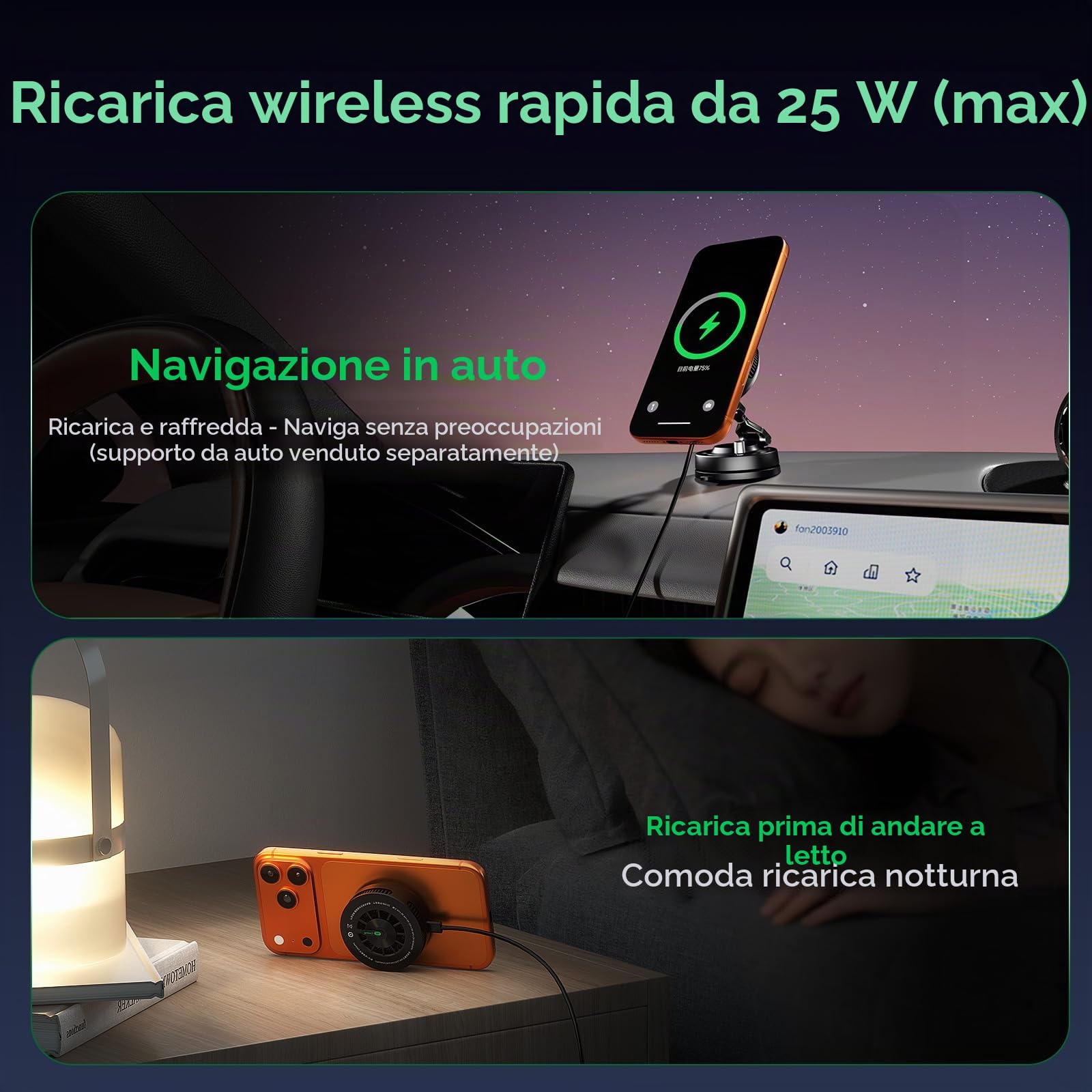 Black Shark Caricabatterie wireless con ventola di raffreddamento, 25 W pad magnetico a due lati compatibile con iPhone 17/16/15/14 Ricarica MagSafe, dispositivo di raffreddamento del telefono per