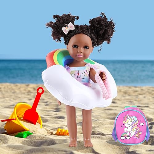 Miniatura 7 de Muñecas negras y accesorios de muñeca negra – Muñeca africana de silicona de 14.5 pulgadas con ropa temática de unicornio, el mejor regalo para