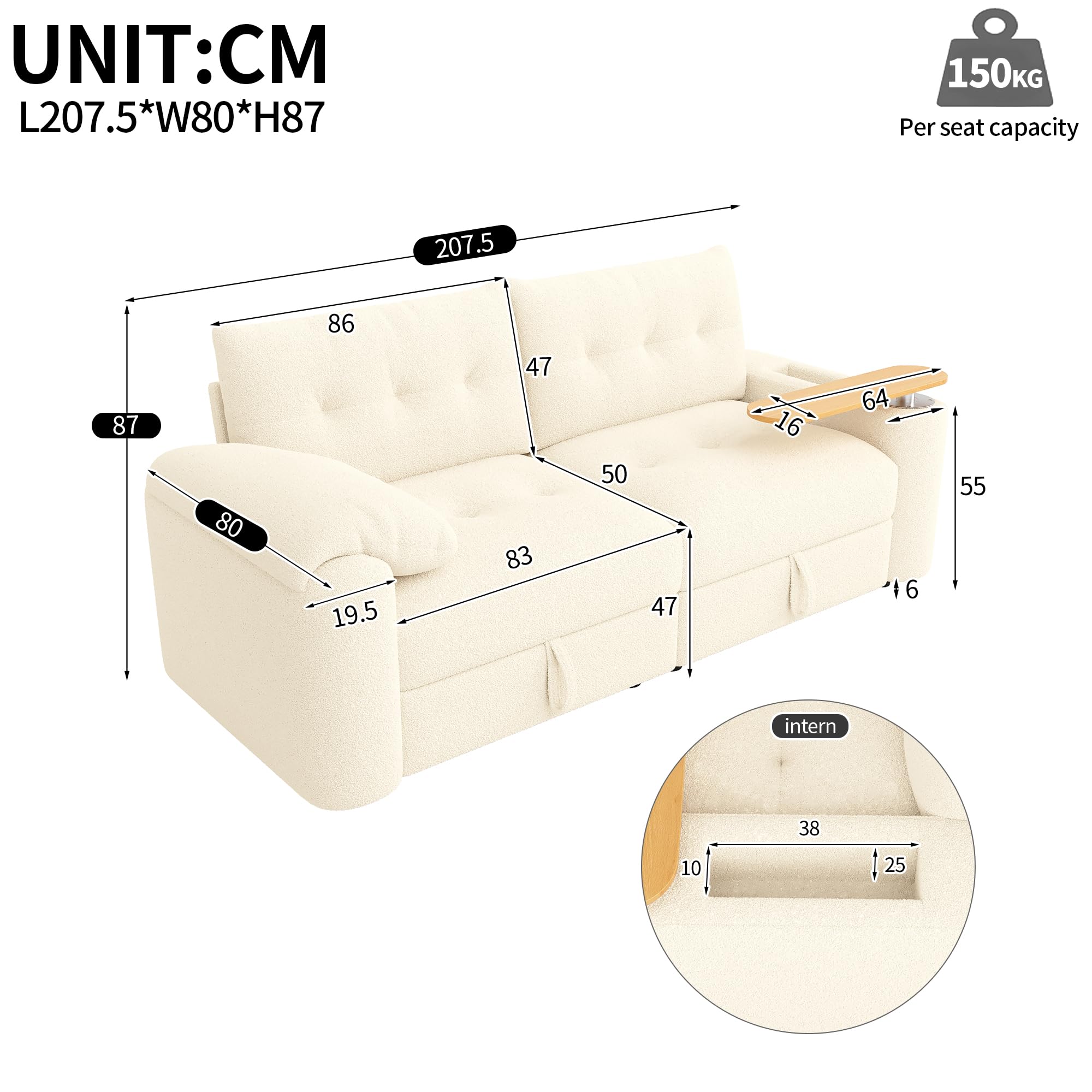 Teddyplüsch Sofa 3-Sitzer klein modular mit Stauraum, Kopfstütze & integriertem Beistelltisch – platzsparende Schlafcouch für Apartment, Wohnzimmer & Gästezimmer (Beige)