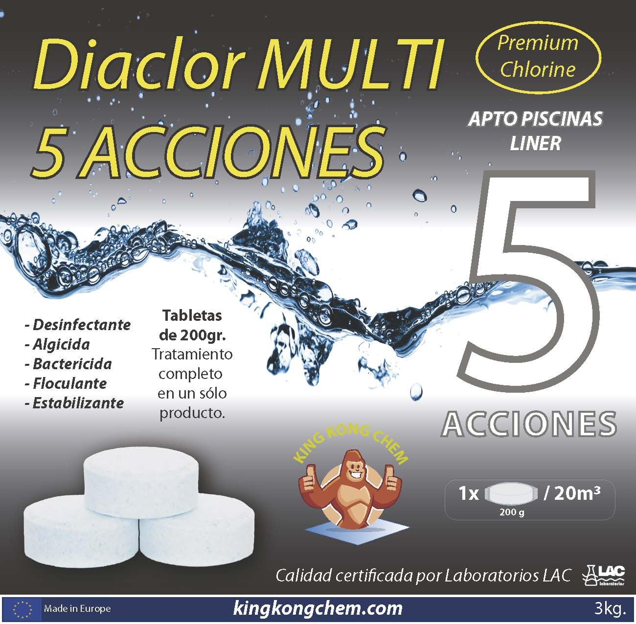 Cloro para Piscinas DIACLOR Multi 5 ACCIONES 3 KG - Envasado Individual - 15 Pastillas de Cloro Lento (200 gr- 7,5 cm Diámetro) - Tratamiento Completo 5 Efectos - SIN Cobre - DIASA