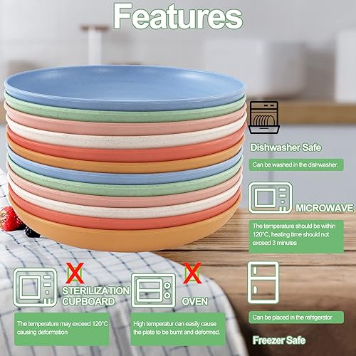 Miniatura 5 de Paquete de 12 platos de paja de trigo, platos ligeros de paja de 9 pulgadas, platos de plástico reutilizables, platos profundos irrompibles,