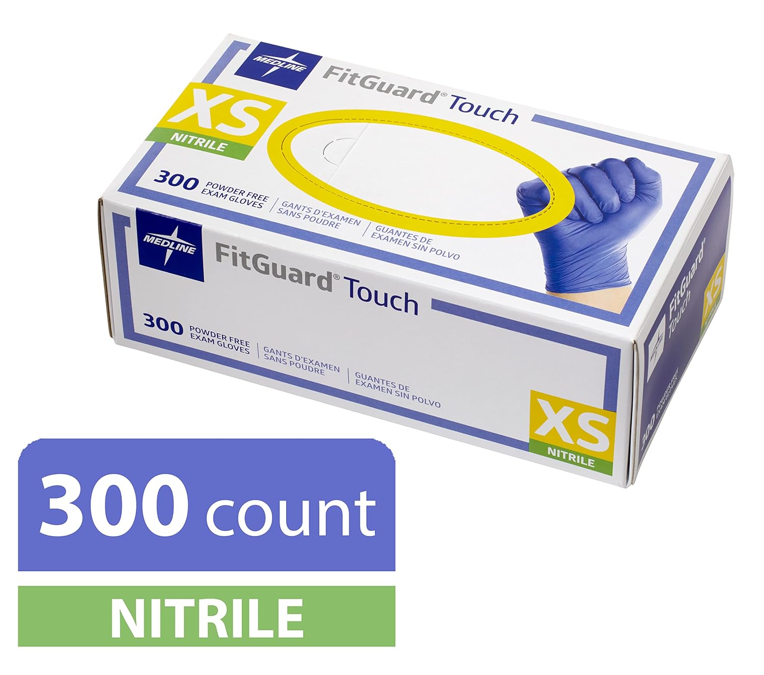 Medline FitGuard Touch Nitrile Exam Gloves, Disposable, Powder-Free, Cobalt Blue, X-Small, Box of 300