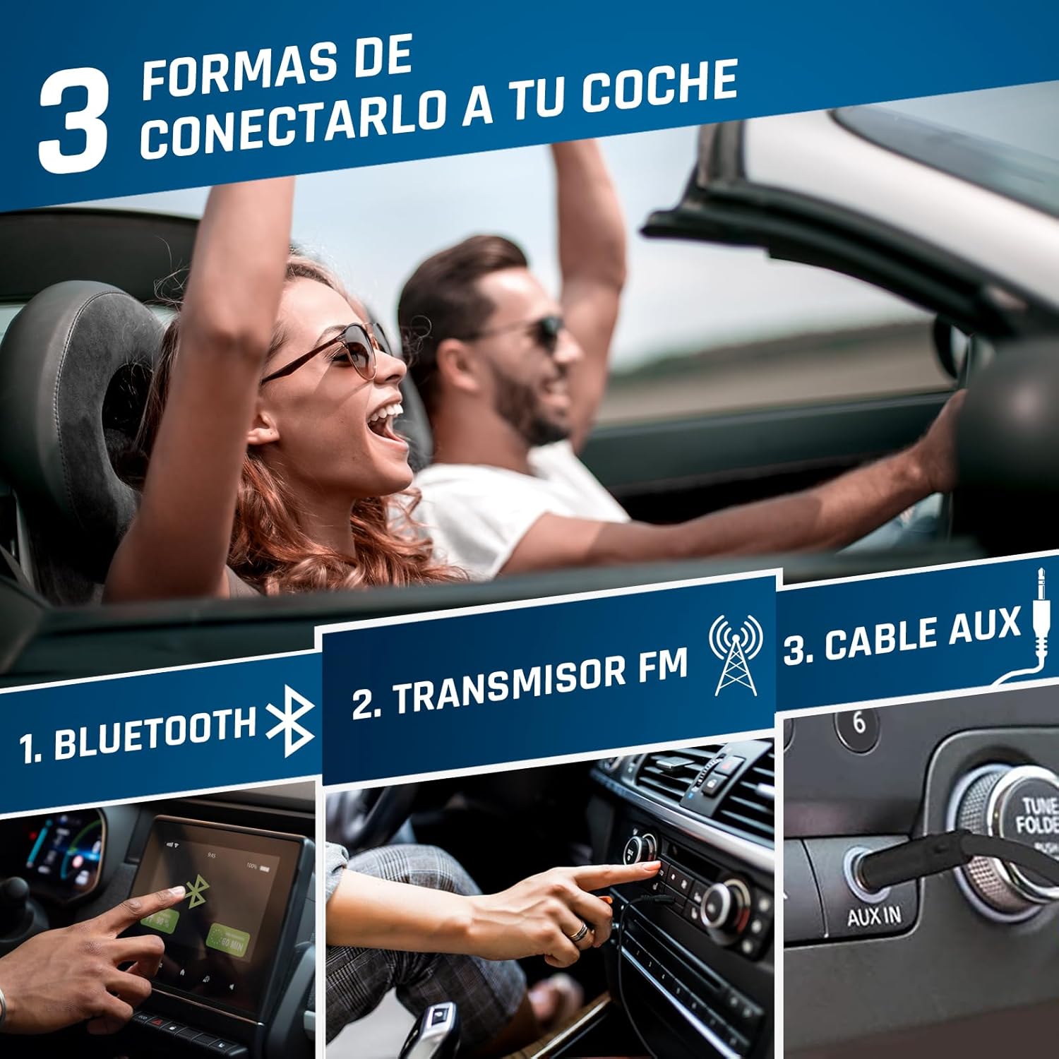 Three ways to connect KLIM Discover to a car: Bluetooth, FM Transmitter, AUX cable