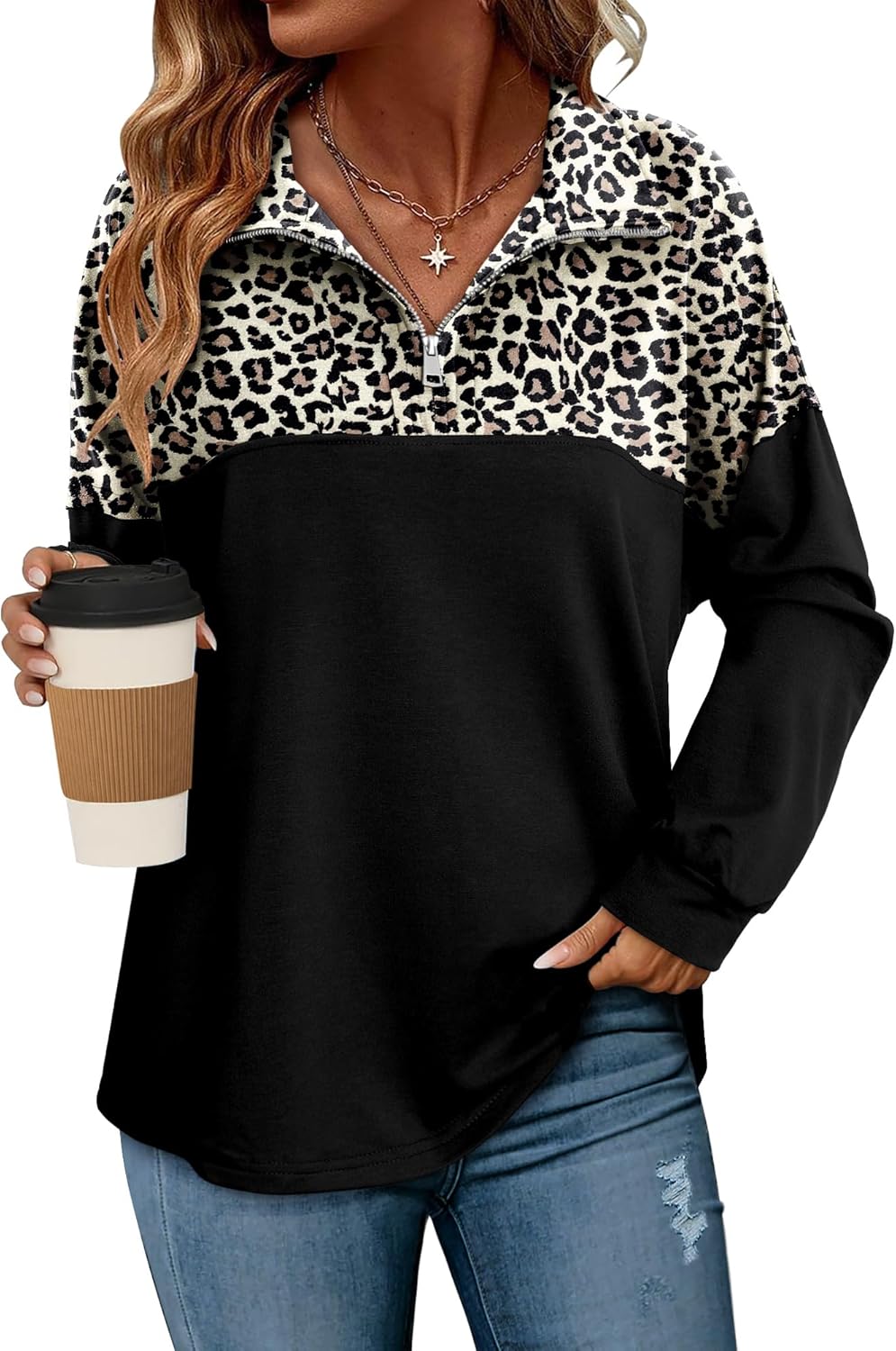 Magritta Womens Sweatshirt Casual Loose Fit Waffle Knit Half Zip Pullover Long Sleeve Lapel Tops - Image 3