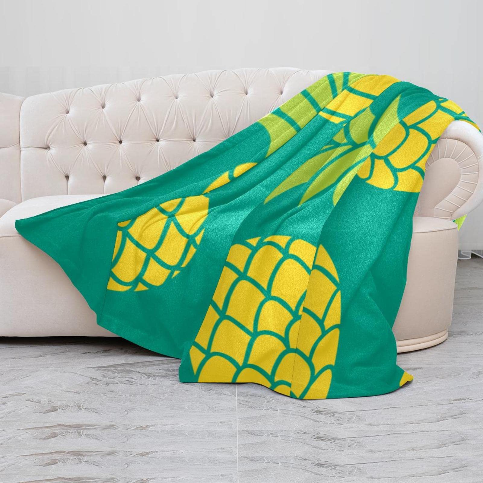 Koc polarowy narzuta, super miękki luksusowy koc pościelowy żółty Ananas Comosus nadruk zielony
