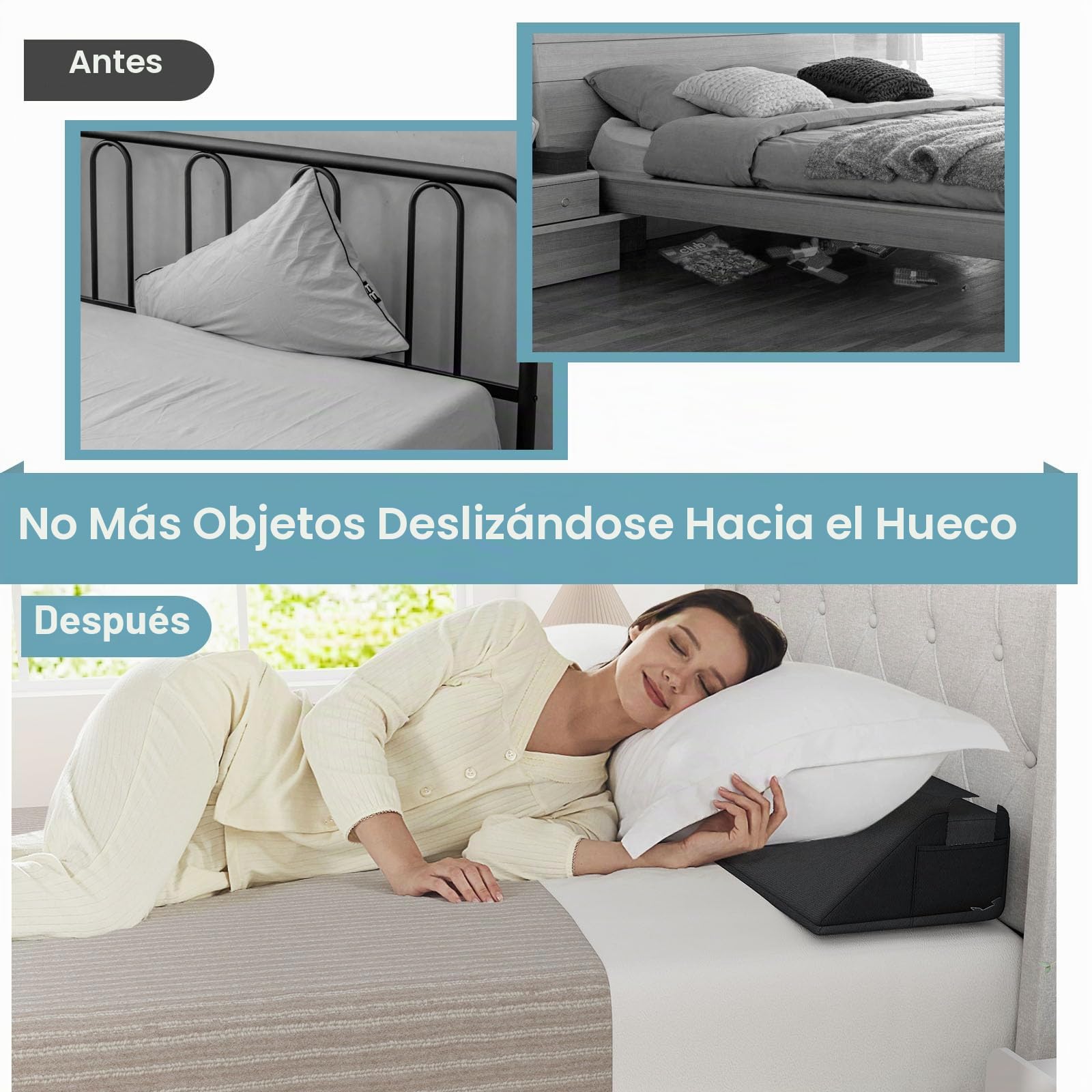 LIFEZEAL Almohada Trapezoidal para Rellenar el Espacio entre el Cabecero y el Colchón, Almohada de Lectura con Funda Lavable, Acolchada con Esponja, 2 Bolsillos Laterales, para Cama (137 x 25 x 13 cm)