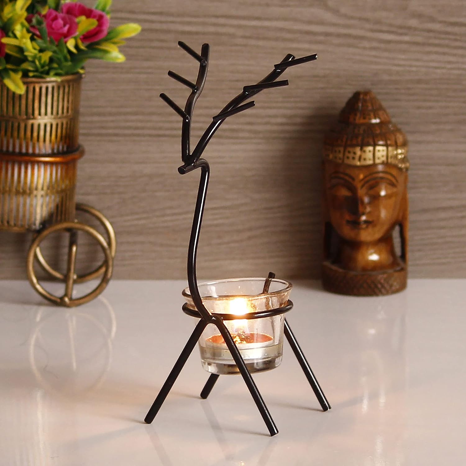 eCraftIndia Black Metal Handcrafted Deer Shape Tea Light Candle Holder for Home, Office, Festival Decoration - Gift for Diwali, Christmas, Birthday
