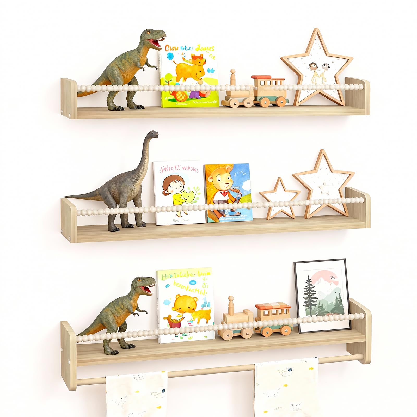 LibreríA Infantil, EstanteríA De Pared De 3 Piezas para HabitacióN Infantil con Cuentas De Madera EstanteríA Flotante para Libros Marcos De Fotos Y Adornos para Cocina Dormitorio SalóN Y BañO