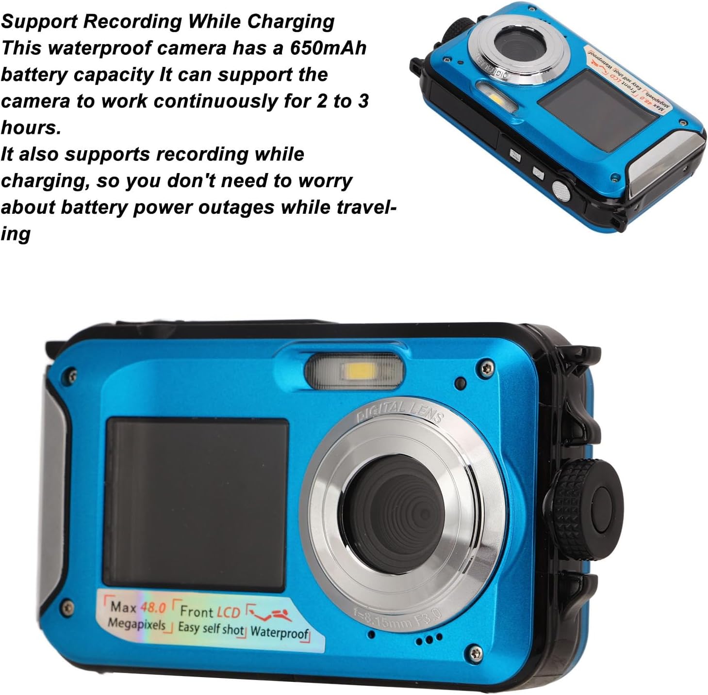 Waterproof Underwater Digital Camera Full HD 2.7K 48MP 16X Zoom Dual Screens Red (Blue)