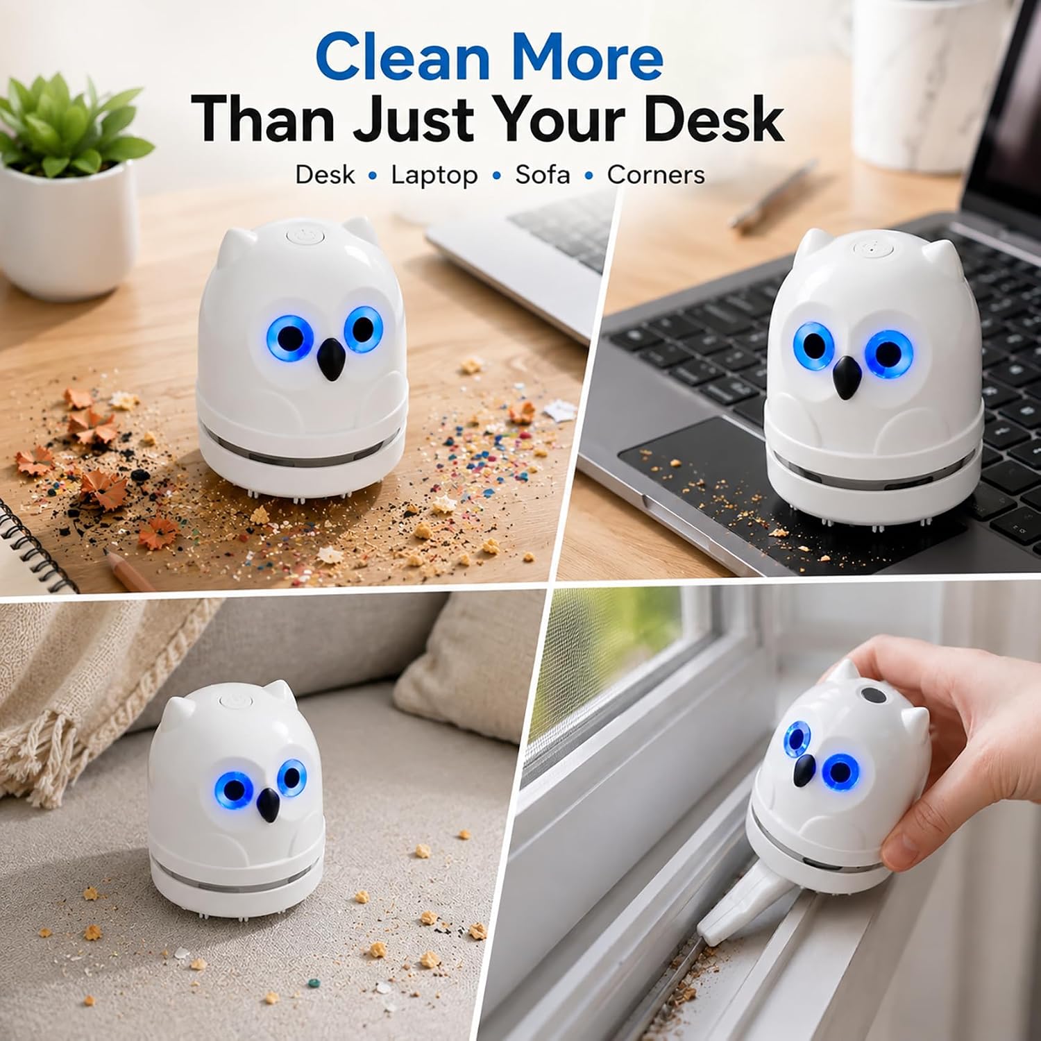 Mini Desktop Vacuum Cleaner Cordless Desk Vacuum | USB C Rechageable, Cute Owl Shapeed, Low Noise Tabletop Vac for Cleaning Crumbs, Hair, Paper Scraps on Computer Keyboard Car