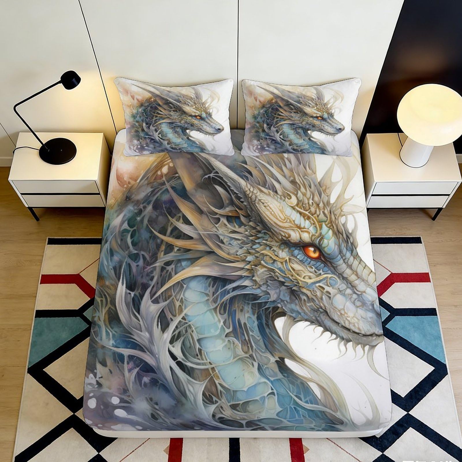 3D Printed Blue Dragon Fitted Sheet Microfiber Soft Breathable Fantasy Creature Bed Cover for Bedroom Dormitory Guest Room Mattress Protection 200x200x25cm