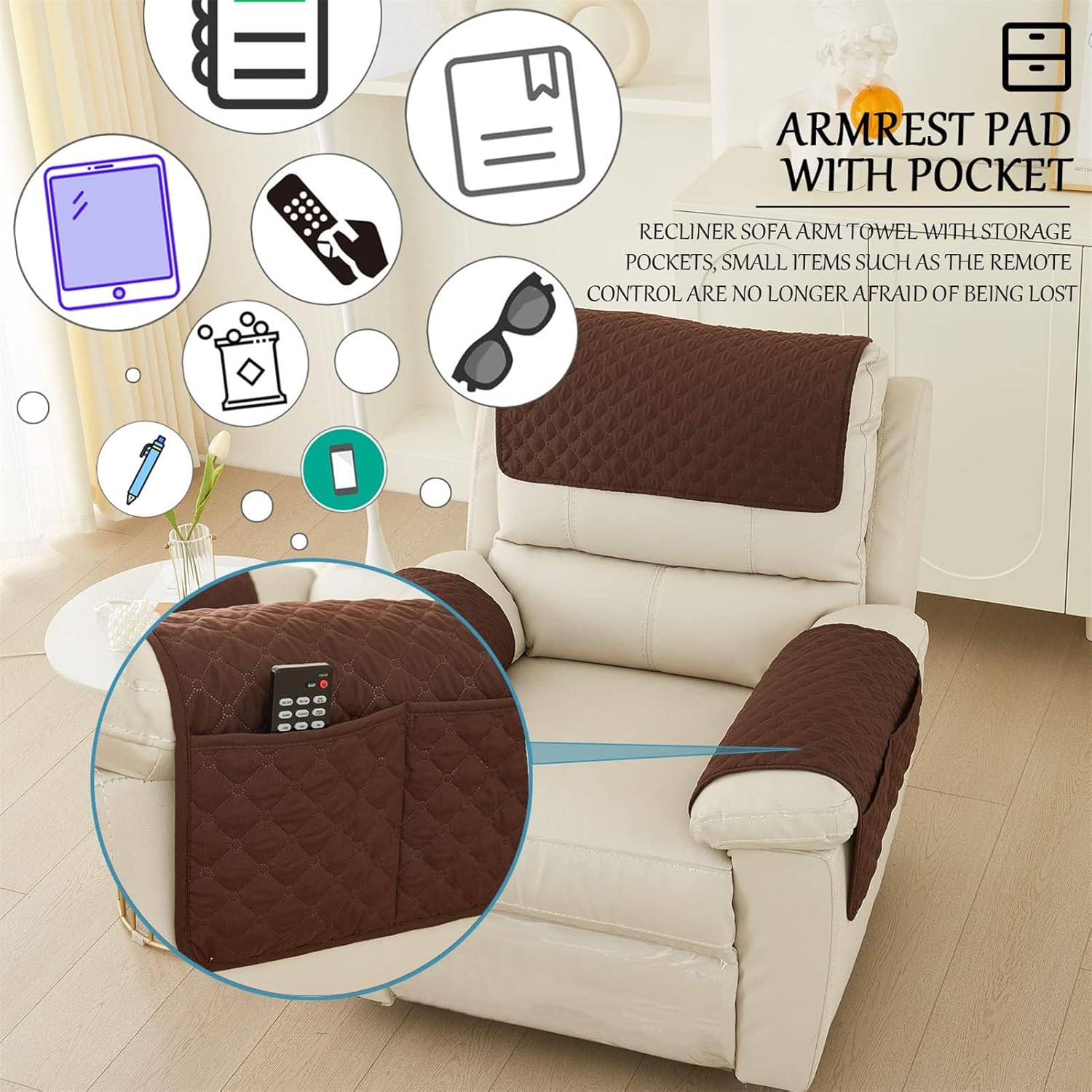Water Proof Sofa Armrest Cover, 1/2/3 Seater Sofa Headrest Slipcovers with Pocket Nonslip Armchair Cover Quilted Furniture Protector for Recliner Leather Couch(Coffee,3 Seat 5 pc)