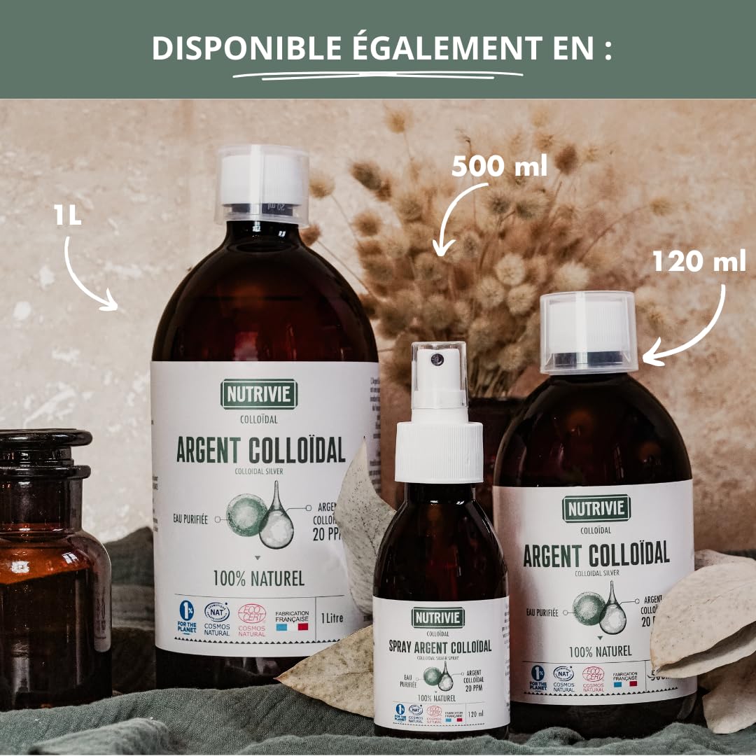Argent Colloïdal 1L - 20 PPM & 100% Naturel - Très Haute Qualité & Ultra Pur - Elaboré par électrolyse - Purifie et Apaise la peau - Anti-microbien & Anti-bactérien - Fabriqué en France - Nutrivie