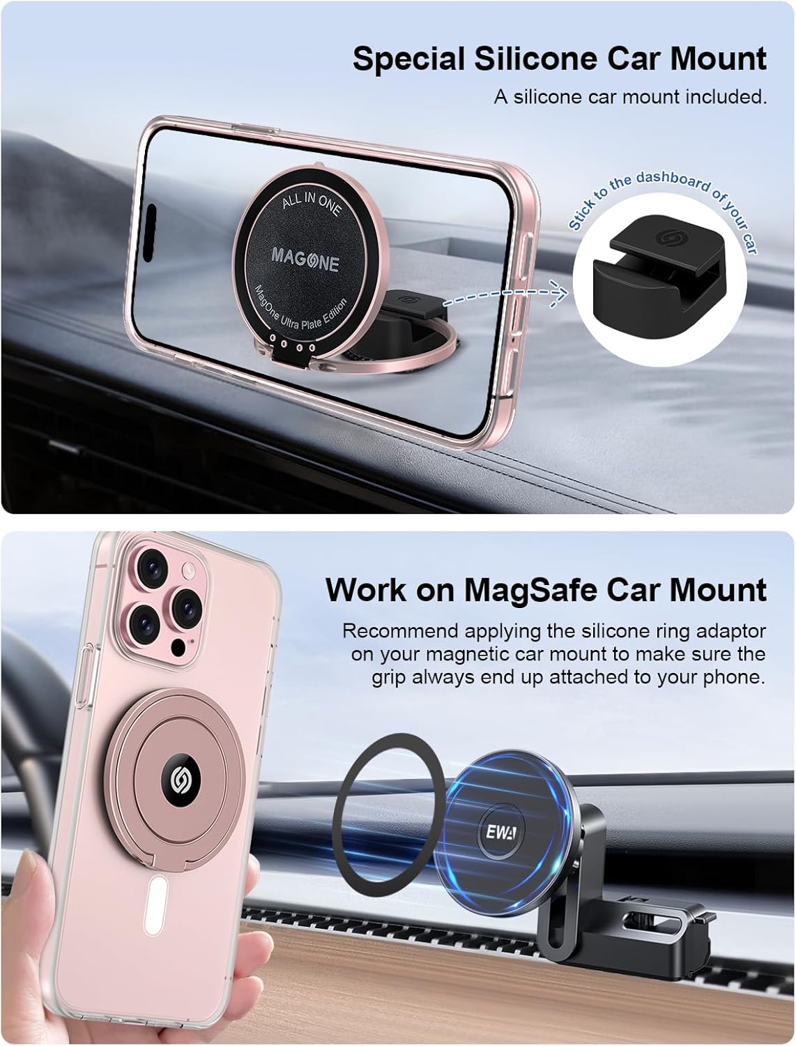 EWA MagOne Ultra (Plate Edition) Phone Grip Stand with Leather Finger Strap, Removable Magnetic Ring Holder Kickstand Loop, Double-Sided Magnetic Accessories for Phone-Rosegold