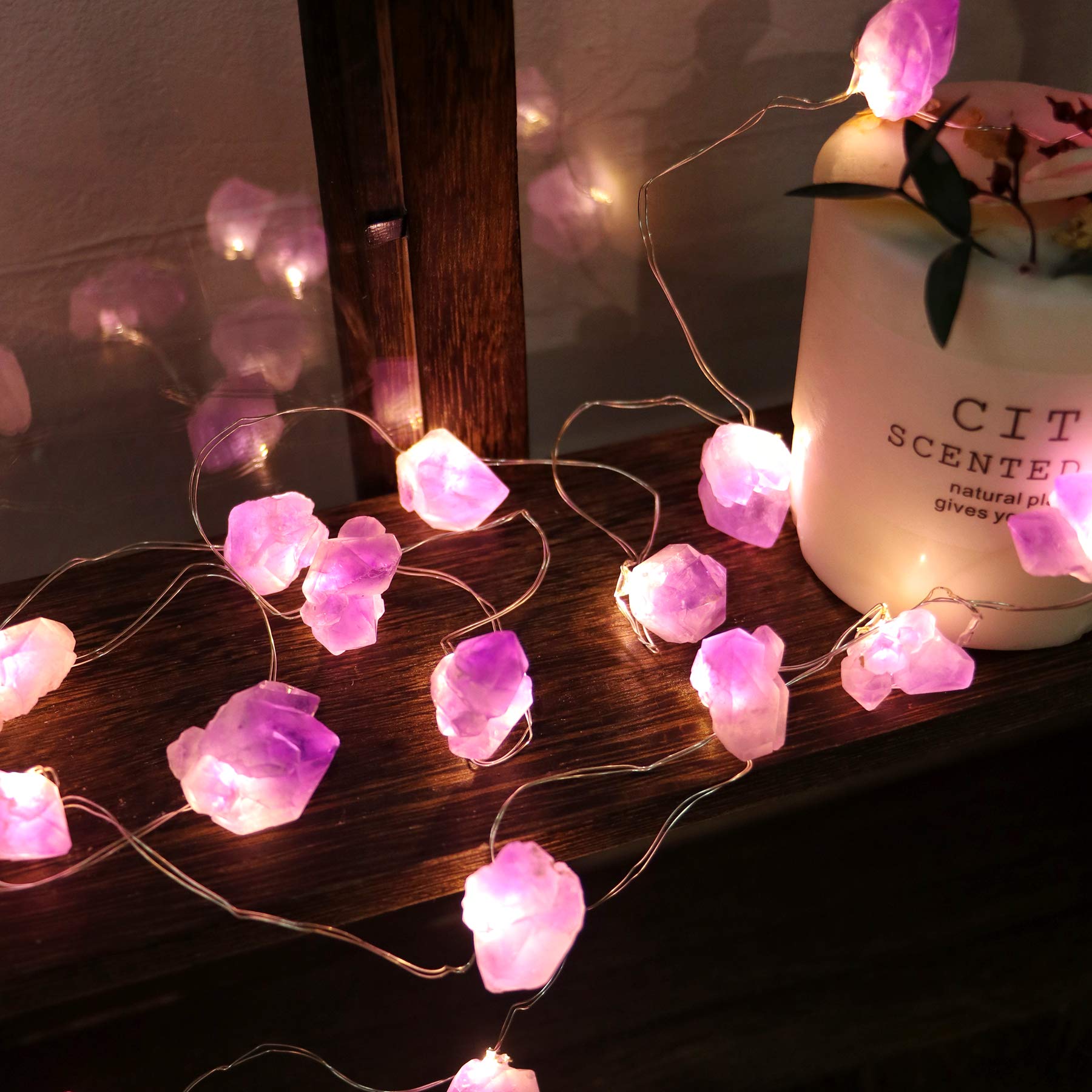 Genuine Amethyst String Lights, Natural Healing Crystal Decorative Lights 30 Raw Stones10ft Remote Control Battery Operated for Reiki Ornaments Valentine’s Day Bedroom Bathroom Decoration