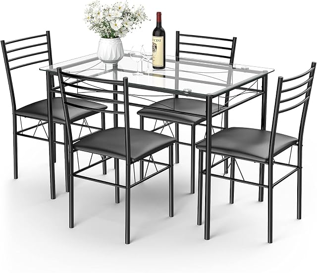 TANGZON Dining Table and 4 Chairs Set, 5 Piece Steel Frame Rectangular Kitchen Table with 4 Slatted Back Chairs, Dining Furniture for Home Living Dining Room (Padded Seat, Tempered Glass Top, Black)