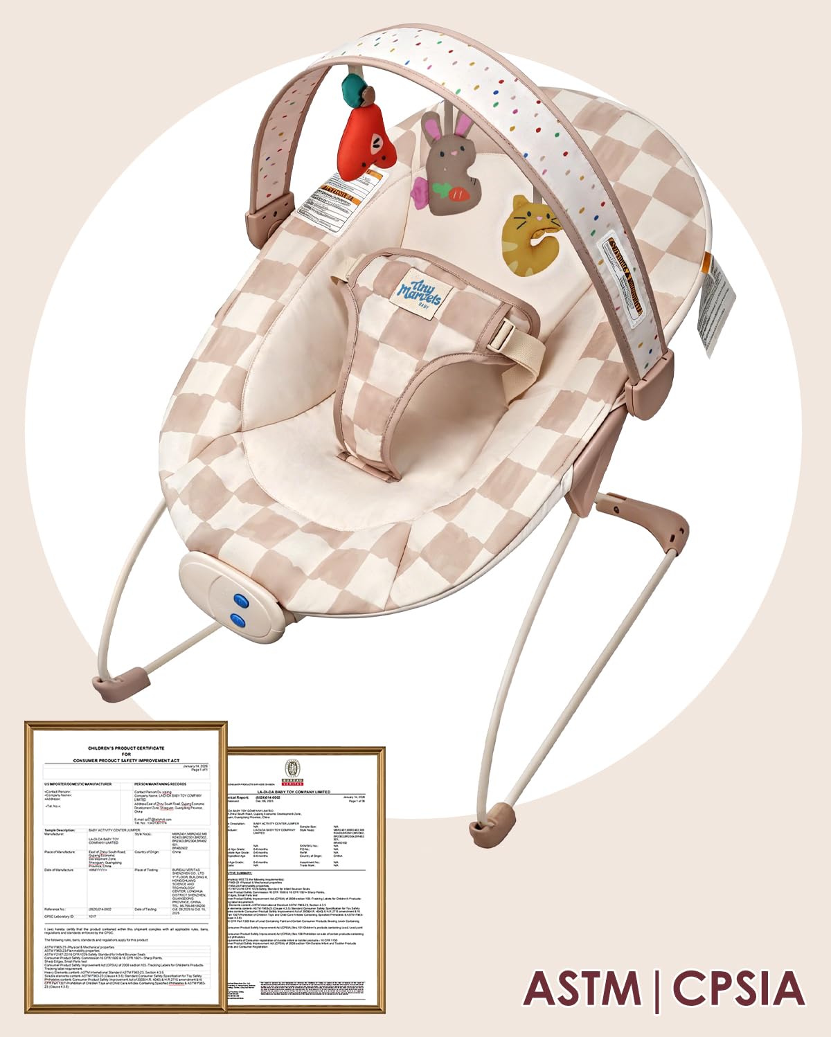 Tiny Marvels Baby Bouncer, Baby Bouncer Seat with Music for 0-6M, 20lbs | Soothing vibration, sensory toys, 3-point safety harness, machine washable seat, melodies 0–6 months, baby boy