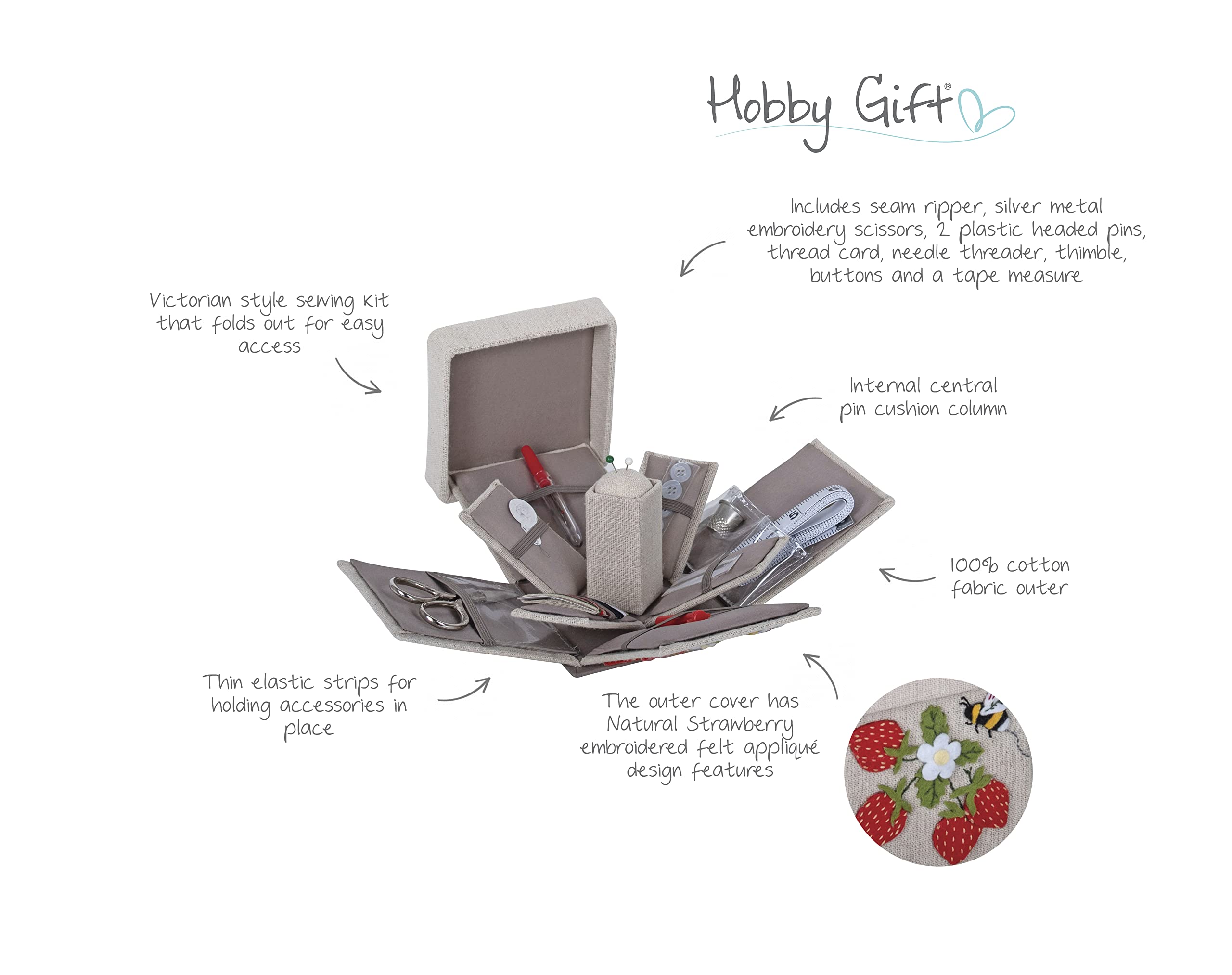 Hobby Gift Kit de costura relleno, cuadrado de estilo victoriano, 10,5 x 10,5 x 12,5 cm, fresas naturales