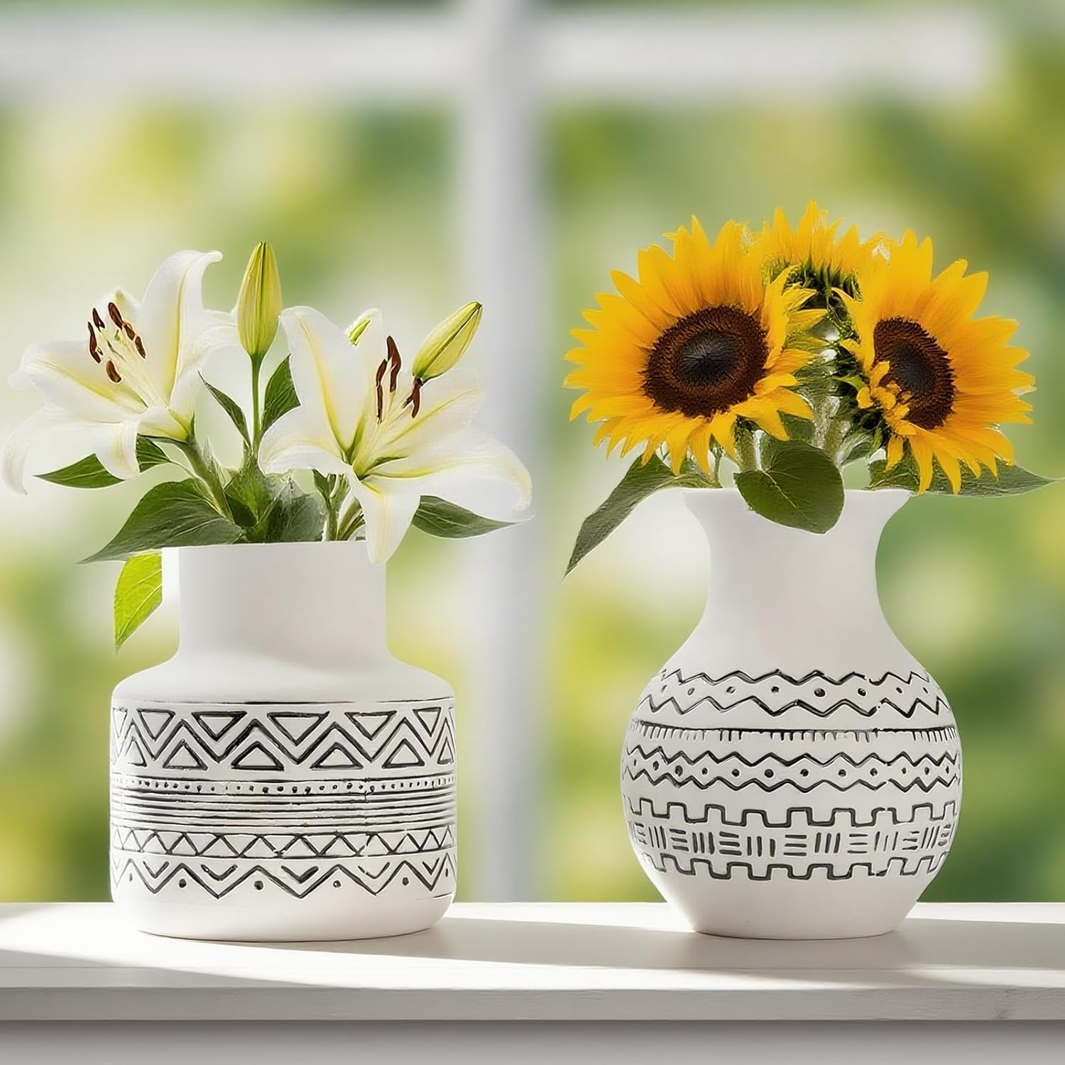 Handcrafted Ceramic Vase Set of 2 — Geometric Boho Farmhouse Flower Vase Centerpiece for Kitchen/Home Decor/Living Room, Ceramic Kitchen Utensil Holder for Countertop