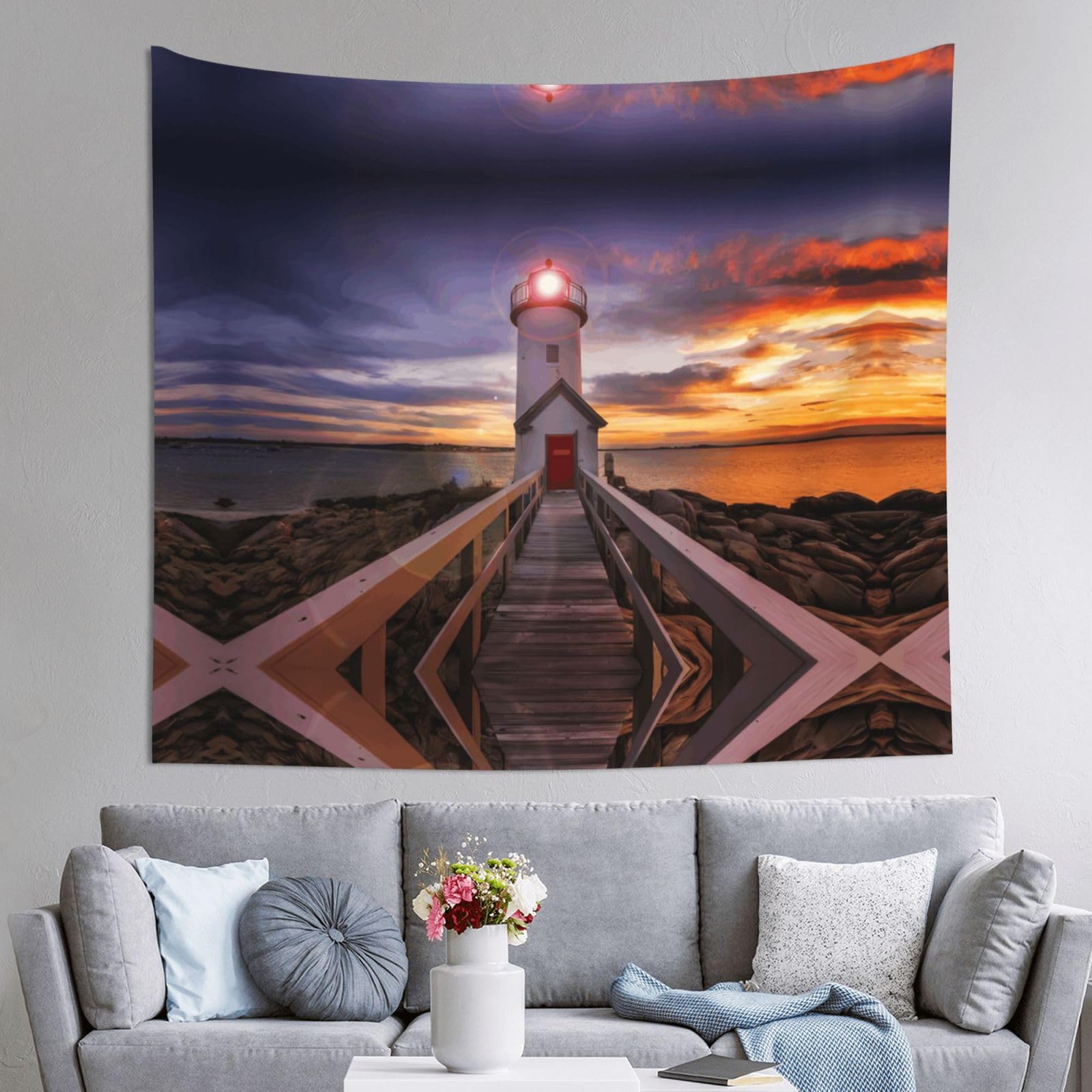 HLSBSSL 60x51in Lighthouse Printed Tapestry Tablecloth for Dormitory and Picnic Rooms - Multifunctional Fabric Hanging