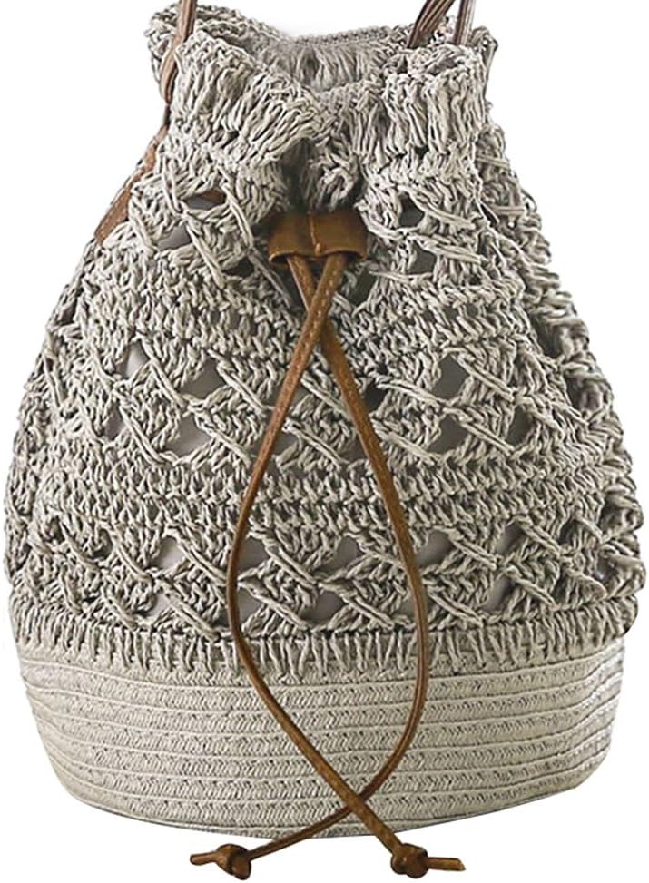 FAIRYSAN Women Woven Beach Straw Hollow Drawstring Shoulder Handbag Shopping Hobo Cross Body Bag Bucket Grey