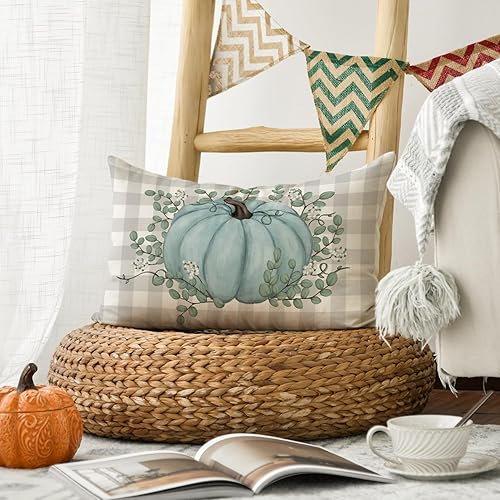 Miniatura 5 de AVOIN colorlife Funda de almohada de hojas de eucalipto de calabaza verde azulado de 12 x 20 pulgadas, decoración de otoño y otoño, cosecha de