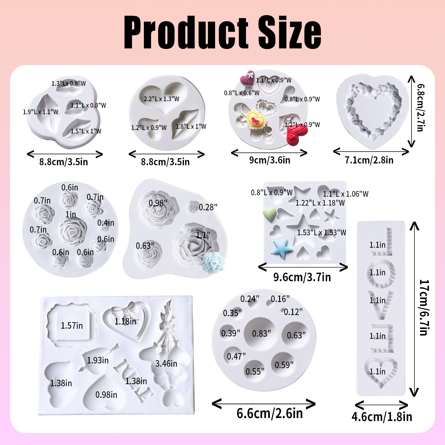 Juego de 10 moldes de silicona para fondant para el día de San Valentín, con forma de corazón, para labios, letras de amor, moldes de chocolate rosa para hornear, cupcakes, dulces, jabón