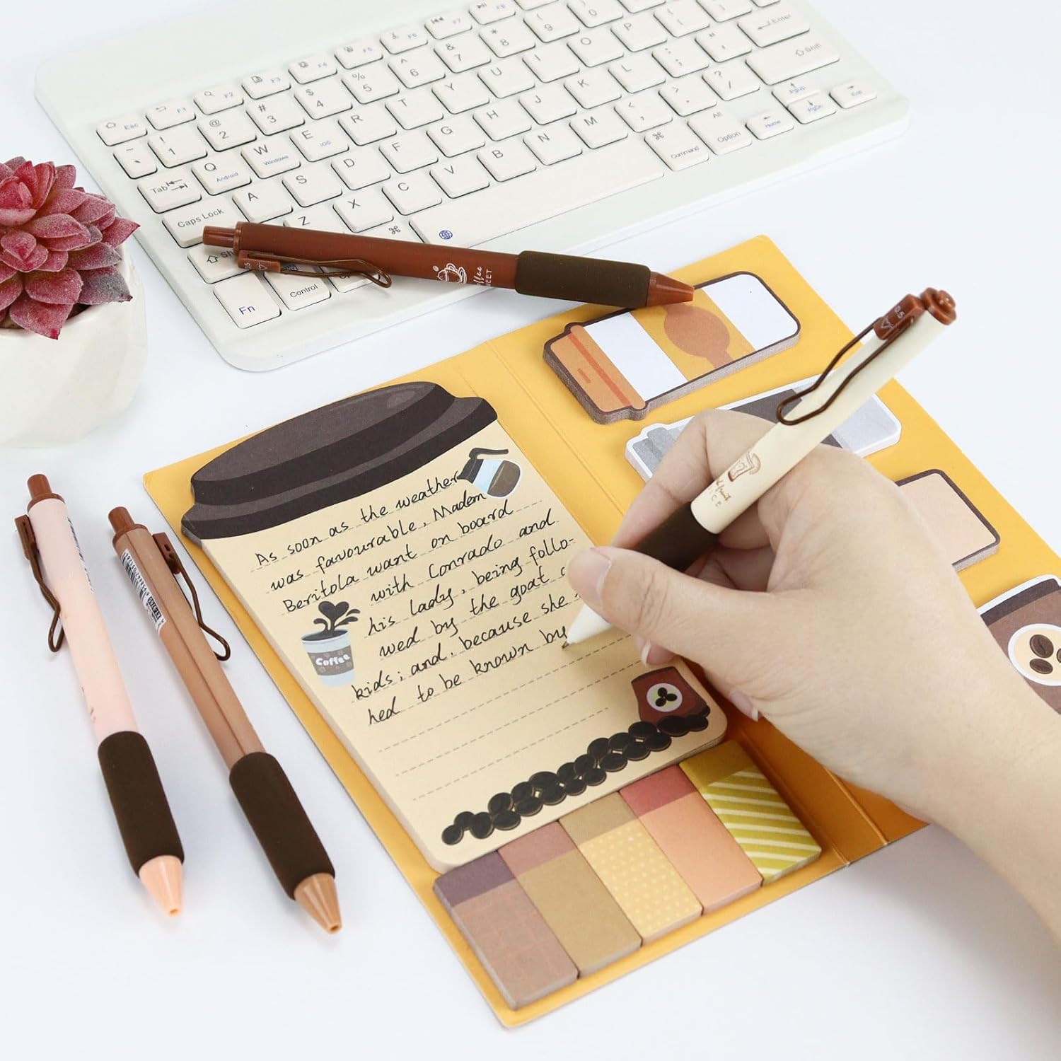 Coffee Sticky Notes Set with 4-Piece Gel Pens Bundle, Cute Writing Memo Pad Sticky Notes Pads to Do Notepad for School Office Home (Coffee) - Image 4