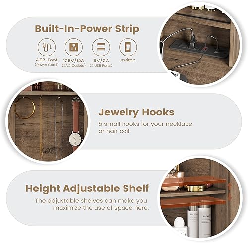 Miniatura 4 de AOGLLATI Tocador de Maquillaje con Luces y Puertas de Granja, Escritorio de Tocador con Espejo y Luces y Estación de Carga, Mesa de Tocador de