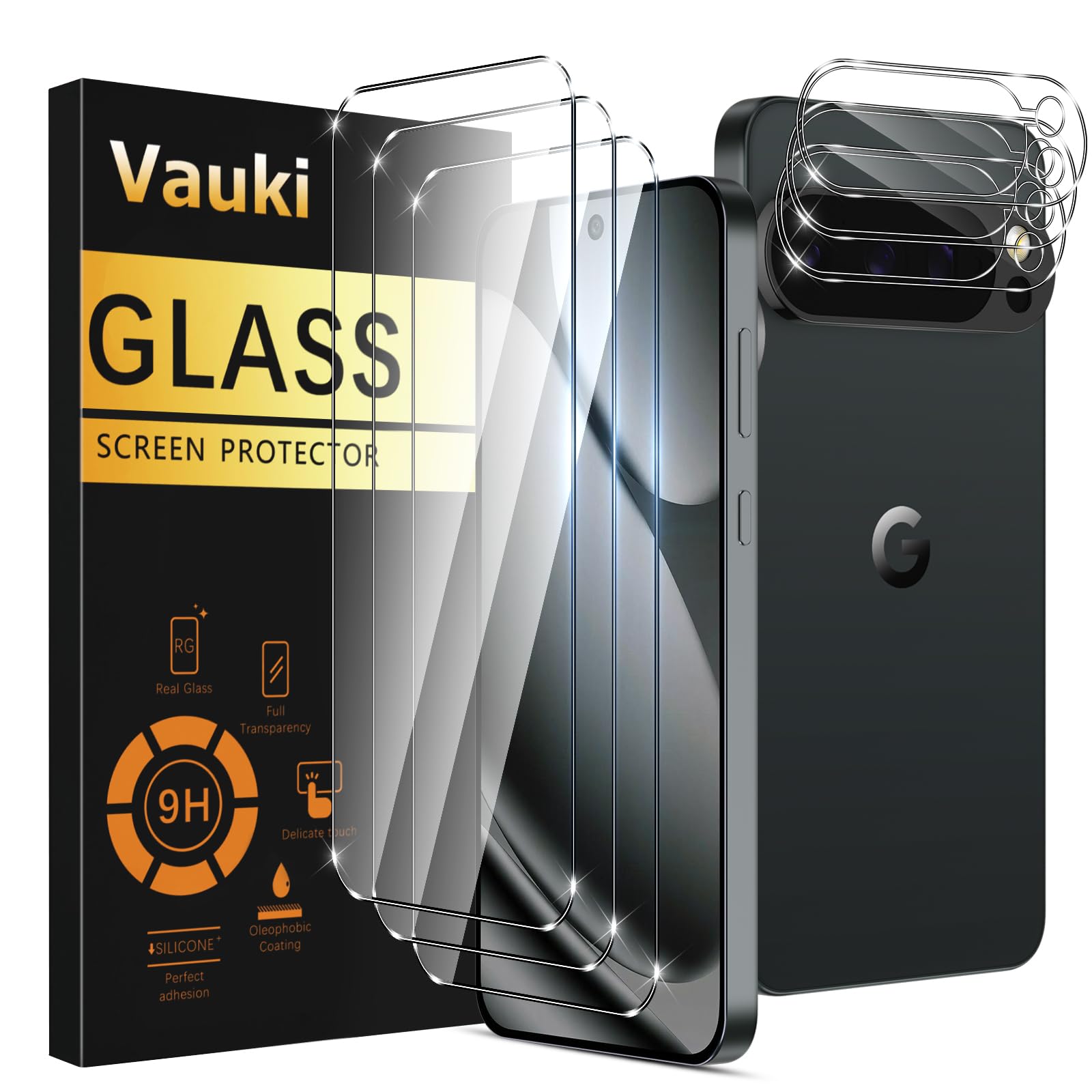 Vauki Screen Protector for Google Pixel 10 Pro 5G Tempered Glass with Protective Camera Lens [3+3 Pieces] 9H Hardness, Anti-Fingerprint, Bubble-Free, HD Glass Film with Easy Installation Frame