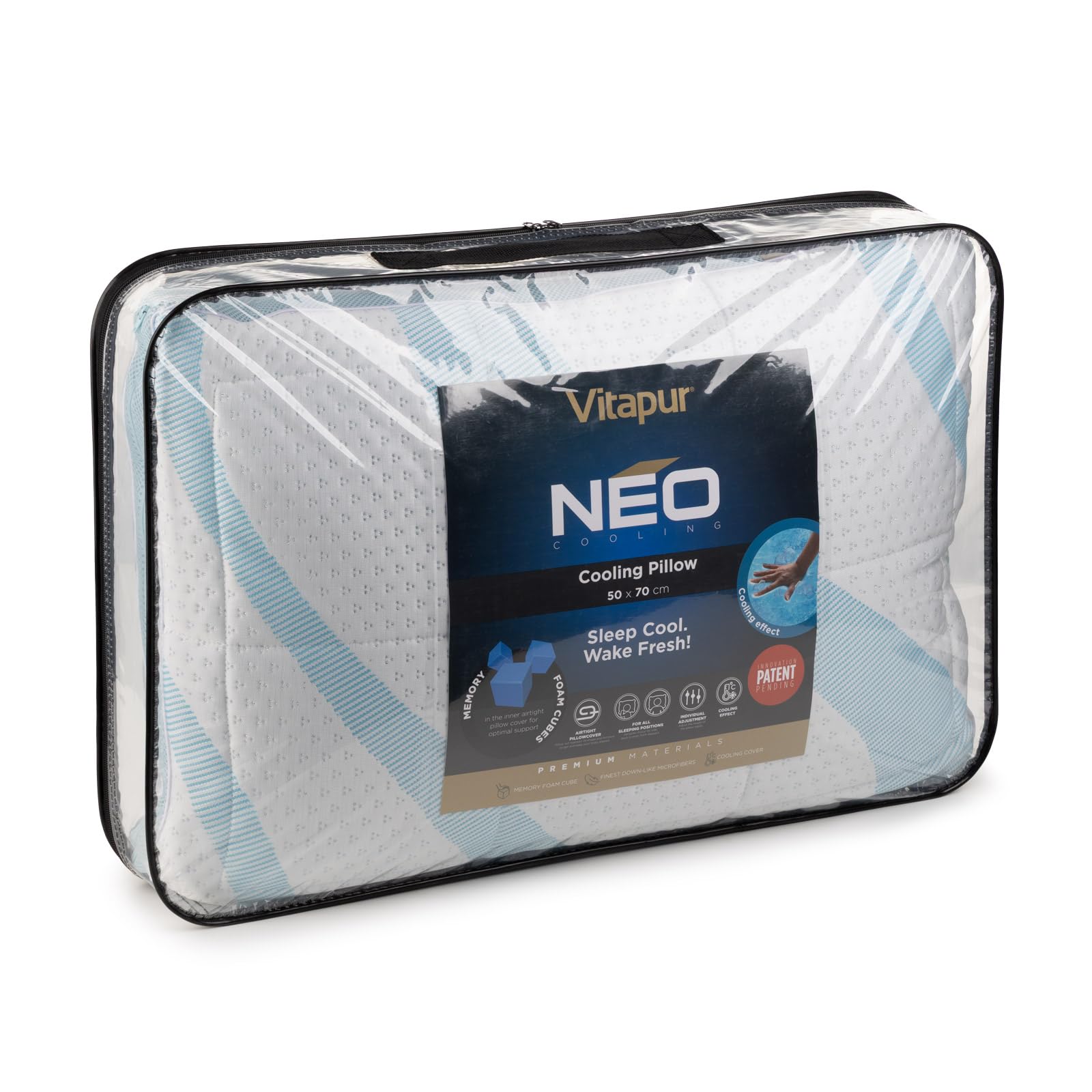 Vitapur NEO Cooling poduszka 50 x 70 cm – regulowana pianka z pamięcią kształtu i wypełnienie ClimaSoft – nadająca się do prania poszewka chłodząca – dla osób śpiących na boku, plecach i brzuchu