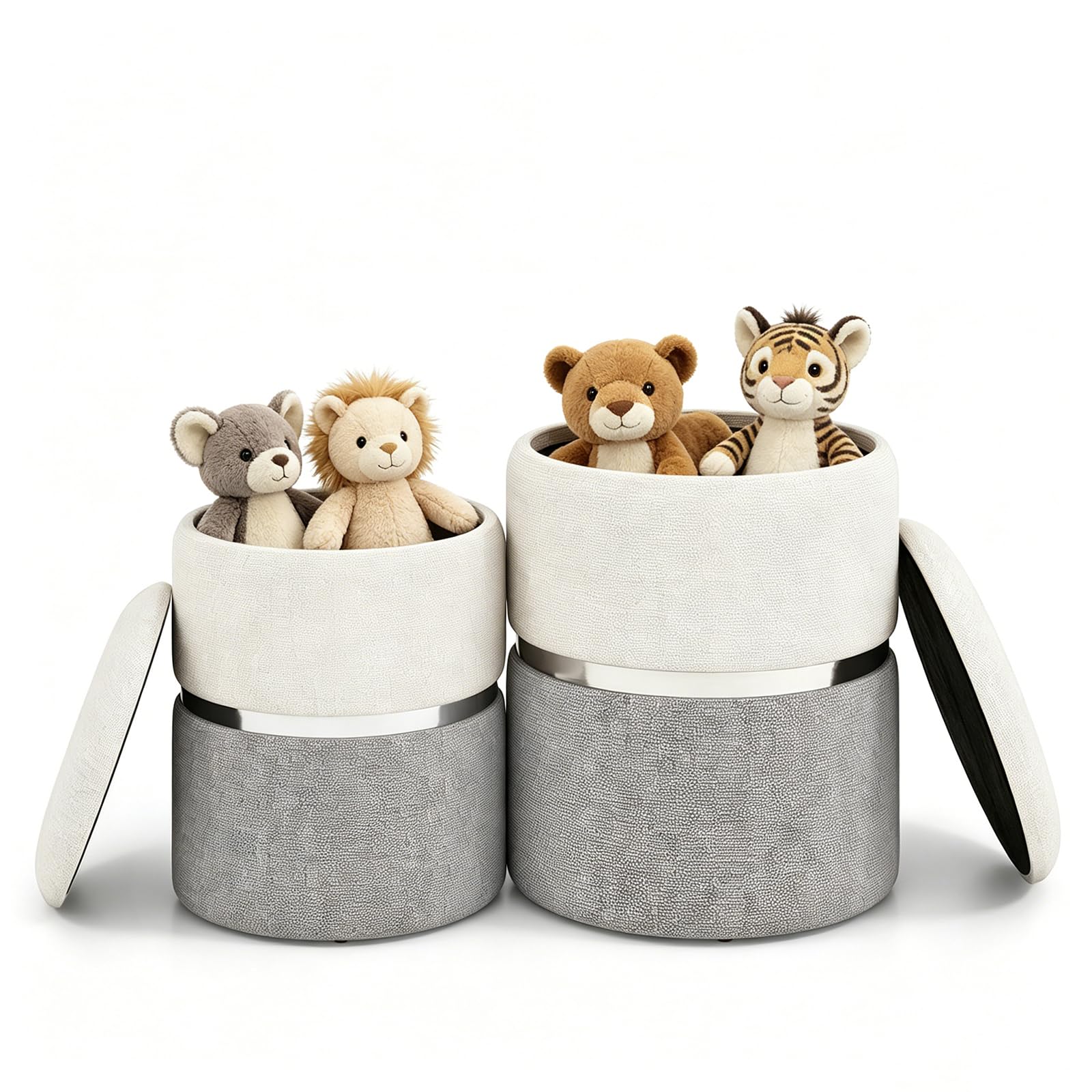 HOMASIS 2er Set Hocker mit Stauraum, Samt Sitzhocker rund, Polsterhocker aus Leinen, gepolsterter Schminkhocker Fußhocker mit abnehmbarem Deckel für Schminktisch, Wohnzimmer, Schlafzimmer (Grau)