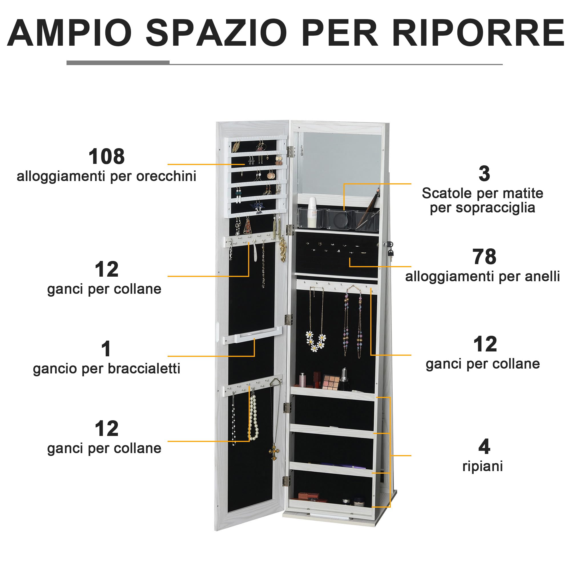 HOMCOM Specchio Portagioie a Illuminazione LED con 4 Scaffali Bianco
