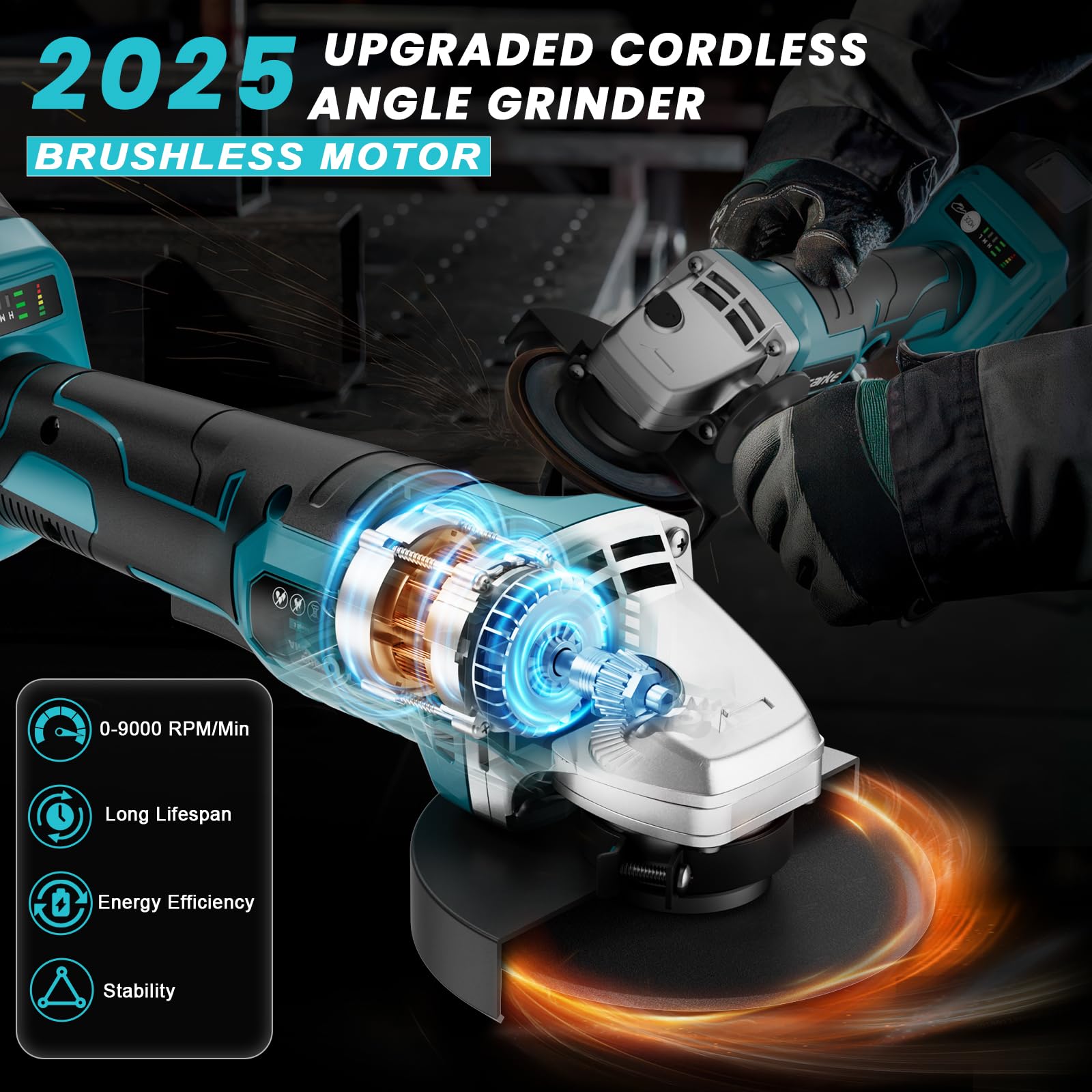 Ecarke Akku Winkelschleifer kompatibel mit Makita Akku 18V Li-Ion, 900W Bürstenloser Profi-Schleifer, 9000U/min, 12.5cm Scheibendurchmesser mit Winkelschleiferschlüssel (Ohne Akku und Ladegerät)
