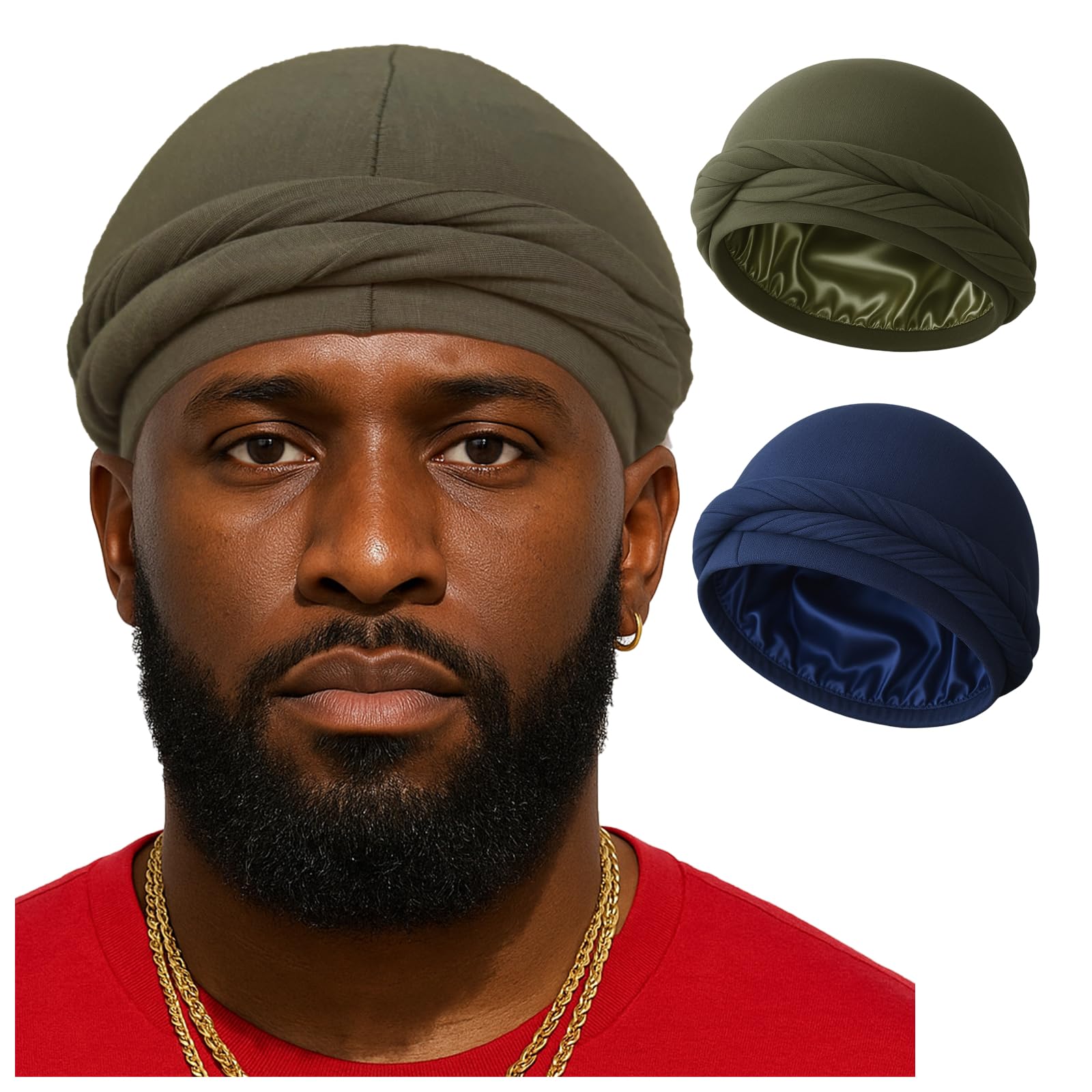 Upgraded Halo Turban Durag for Men &Women, Pre-Tied Skull Cap, Hair Loss Hat Silk-Lined Headwraps, Sleeping Bonnet (L,Olive+Navy)