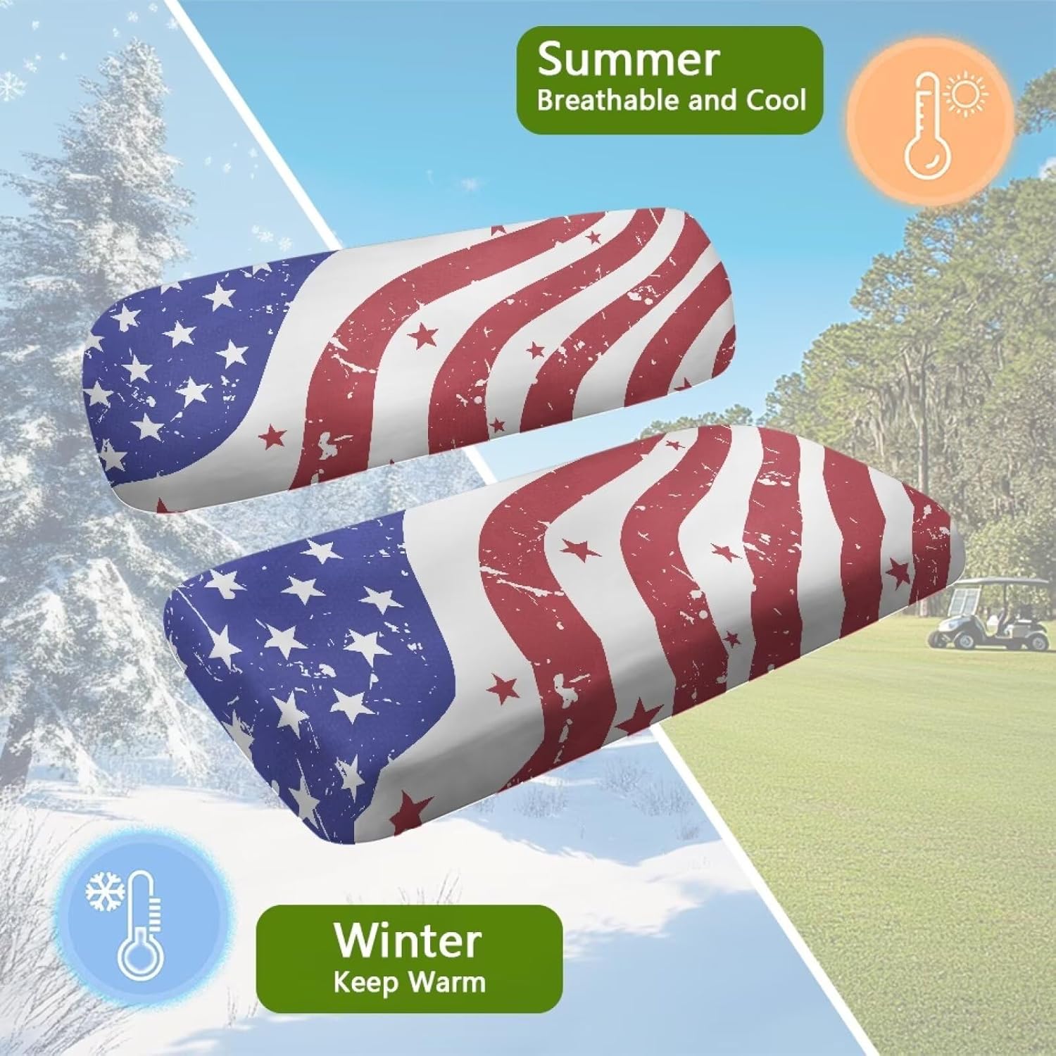 XYZCANDO Art Style Flag Golf Cart Seat Covers for Summer Easy to Install Golf Cart Seat Accessories Polyester Fabric Lightweight Anti-Slip Absorb Heat and Protect Your Carts