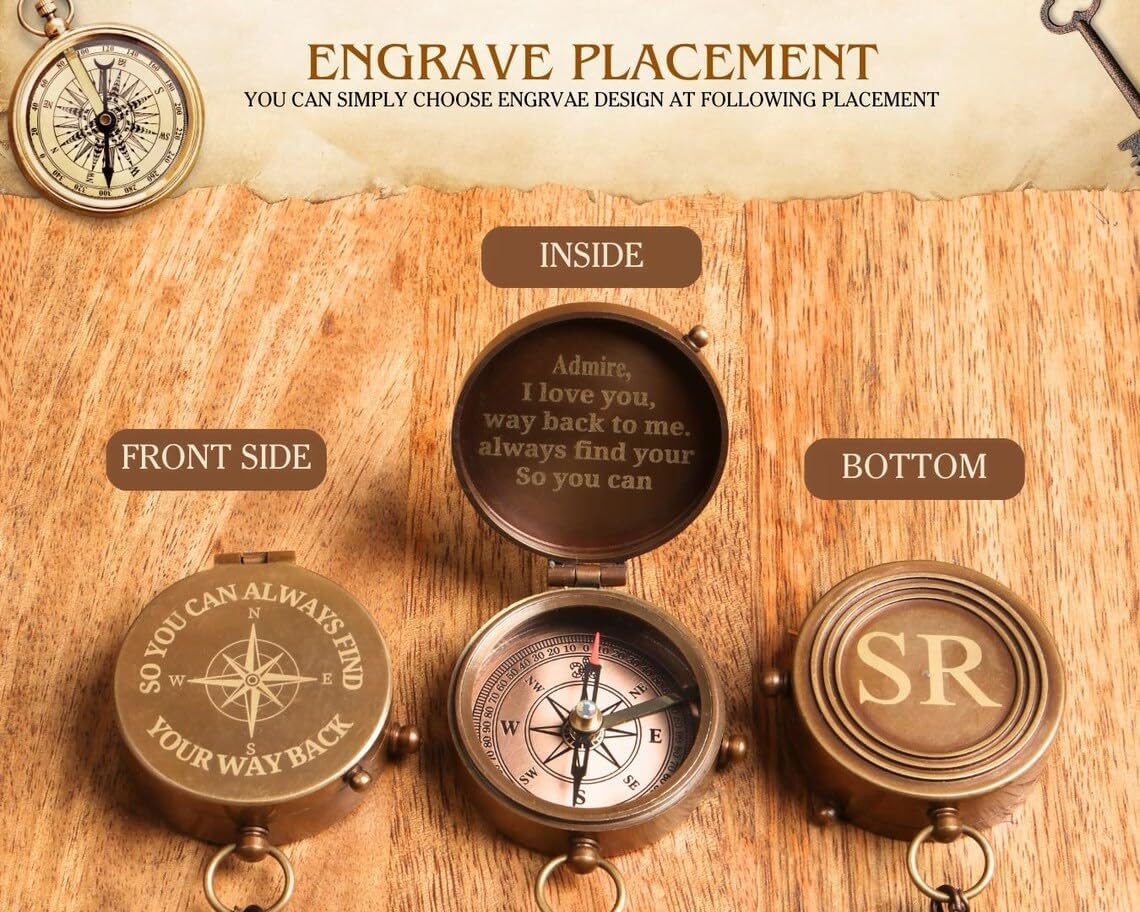 Engraved Compass, Personalized Brass Compass for Men, Custom Engraved Handmade Brass Compass, Customized