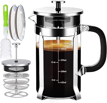 YMMIND French Press Coffee Maker 304 Stainless Steel Coffee Press,with 4 Filters System, Heat Resistant Thickness Borosilicate French Press Glass, BPA-Free Brewed Tea Pot Coffee PlungerCopper 12oz