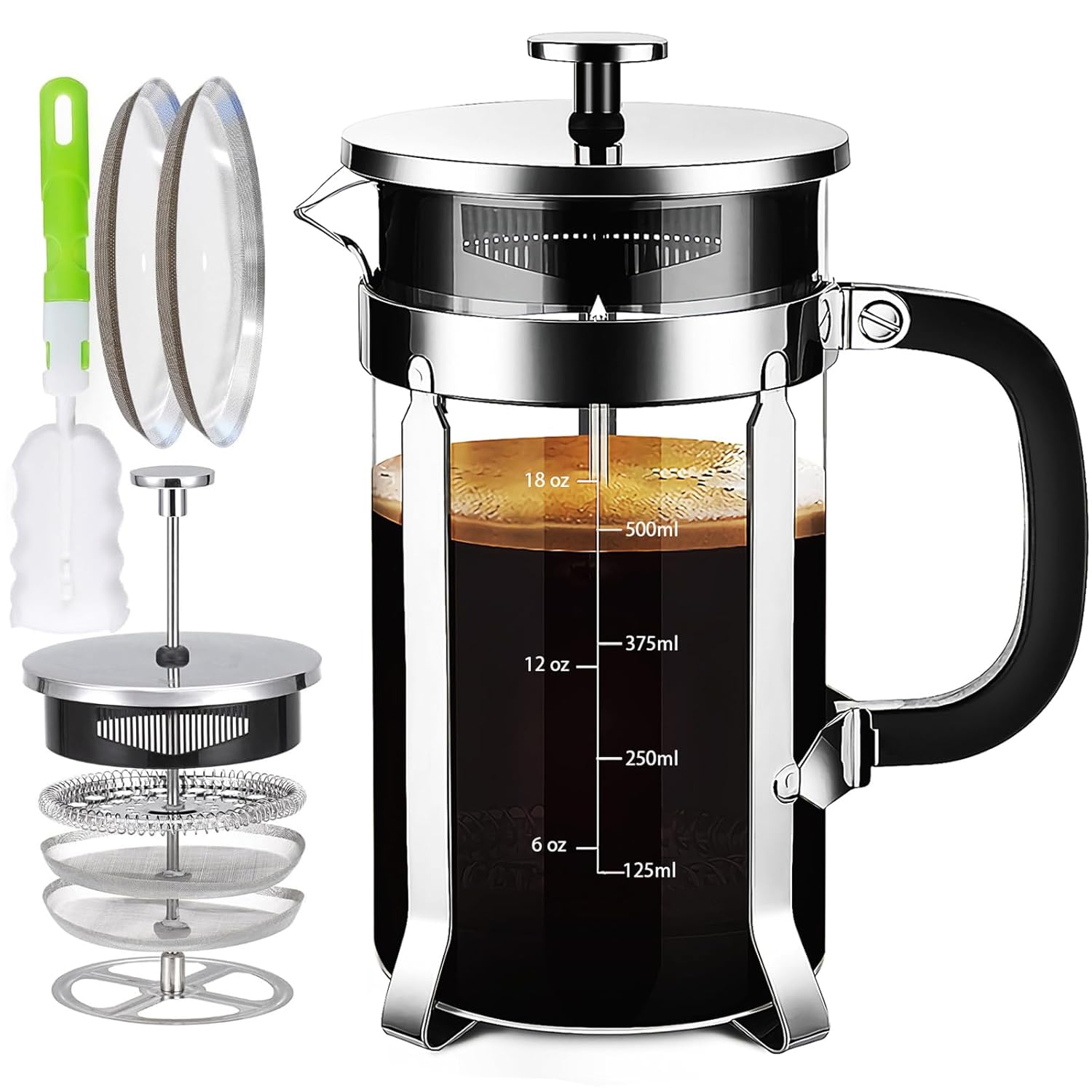 French Press Coffee Maker 304 Stainless Steel Coffee Press with 4 Filters System Heat Resistant Thickness Borosilicate French